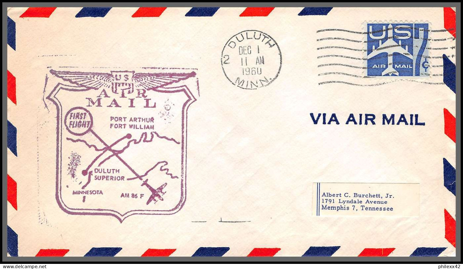 12375 Am 86 DULUTH Fort William Canada 1/12/1960 Premier Vol First Flight Lettre Airmail Cover Usa Aviation - 2c. 1941-1960 Cartas & Documentos
