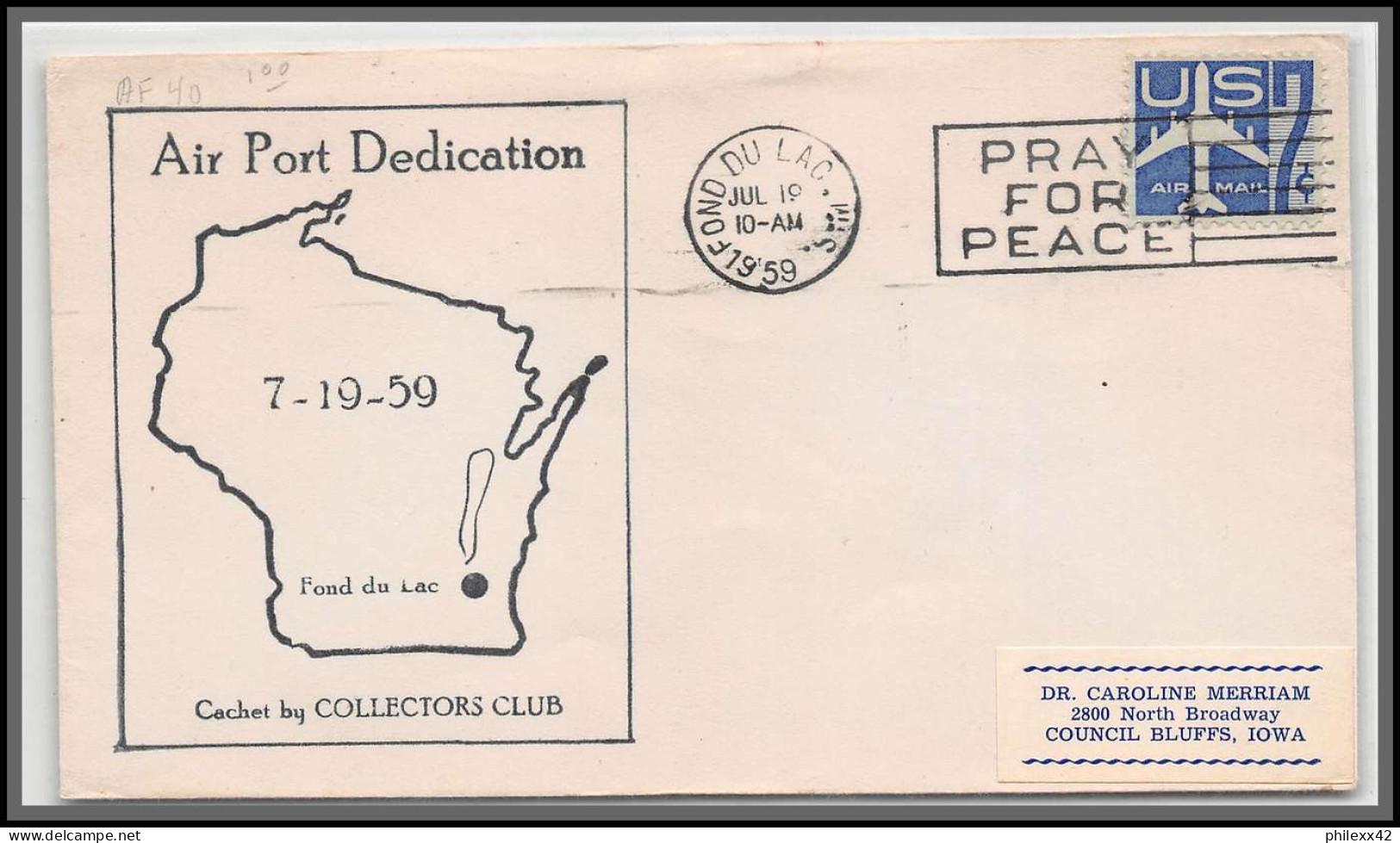 12364 Airport Dedication Fond Du Lac 19/7/1959 Premier Vol First Flight Lettre Airmail Cover Usa Aviation - 2c. 1941-1960 Cartas & Documentos