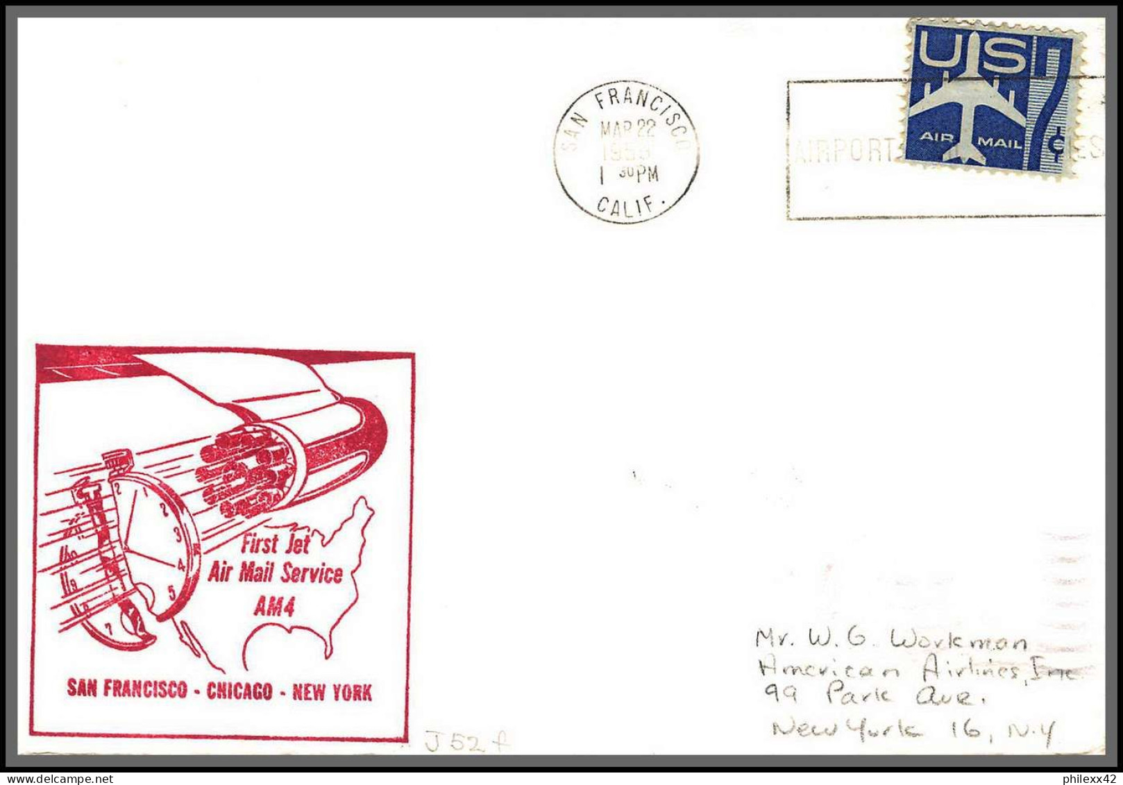 12367 Cachet Rouge Am 4 San Francisco Chicago New York 22/3/1959 Premier Vol First Flight Lettre Airmail Cover Usa  - 2c. 1941-1960 Brieven