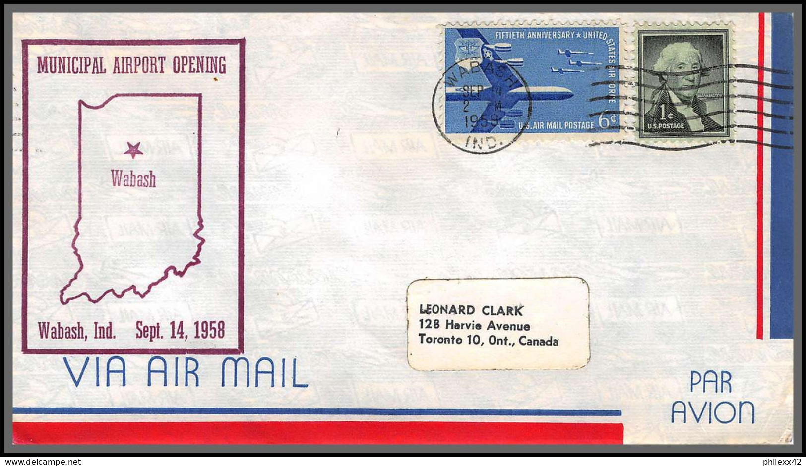 12356 Municipal Airport Opening Wabash 14/9/1958 Premier Vol First Flight Lettre Airmail Cover Usa Aviation - 2c. 1941-1960 Cartas & Documentos