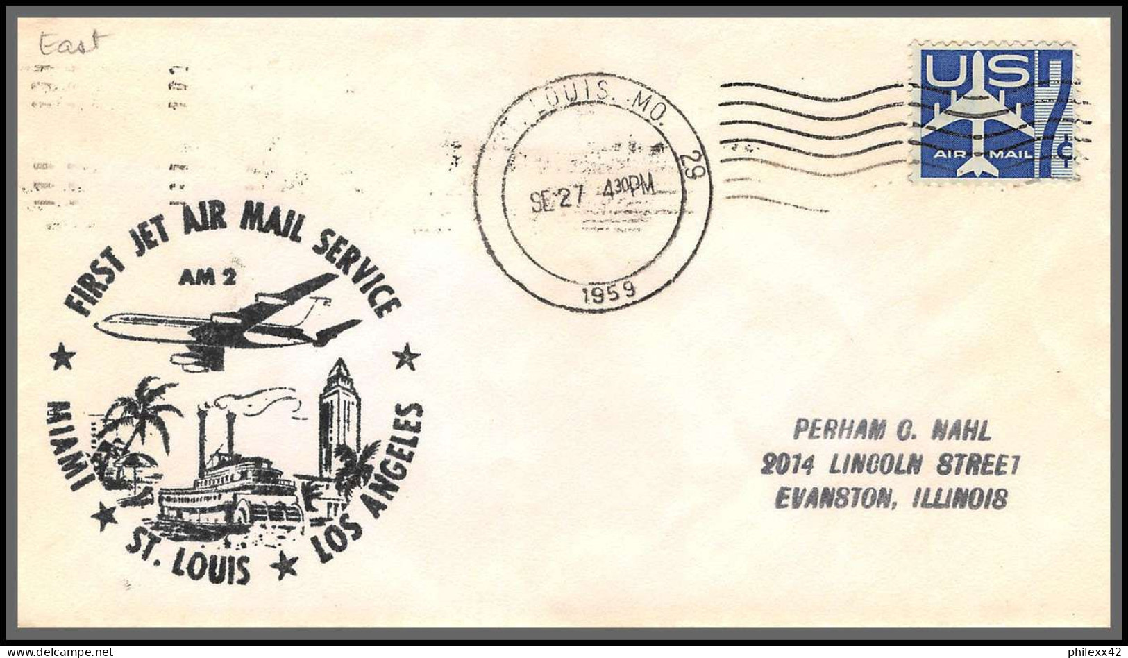 12347 Am 2 San Fancisco Miami St Louis 27/9/1959 Premier Vol First Jet Service Flight Lettre Airmail Cover Usa Aviation - 2c. 1941-1960 Storia Postale