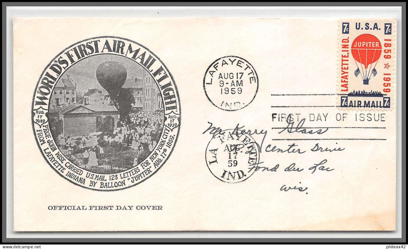 12335 Lafayette Indiana By Baloon 17/8/1959 Premier Vol World First Flight Lettre Airmail Cover Usa Aviation - 2c. 1941-1960 Briefe U. Dokumente
