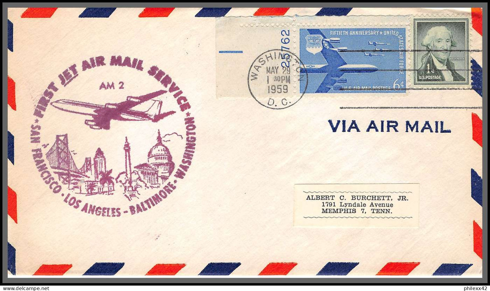 12345 Am 2 San Fancisco Los Angeles Baltimore 29/5/1959 Premier Vol First Jet Service Flight Lettre Airmail Cover Usa - 2c. 1941-1960 Cartas & Documentos