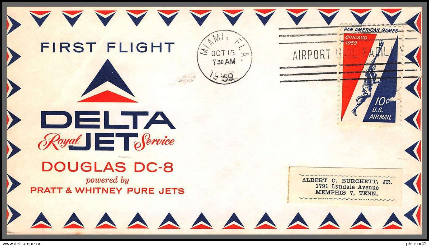 12342 Am 8 Royal Service 15/10/1959 Miami Premier Vol First Delta Jet Flight Lettre Airmail Cover Usa Aviation - 2c. 1941-1960 Cartas & Documentos