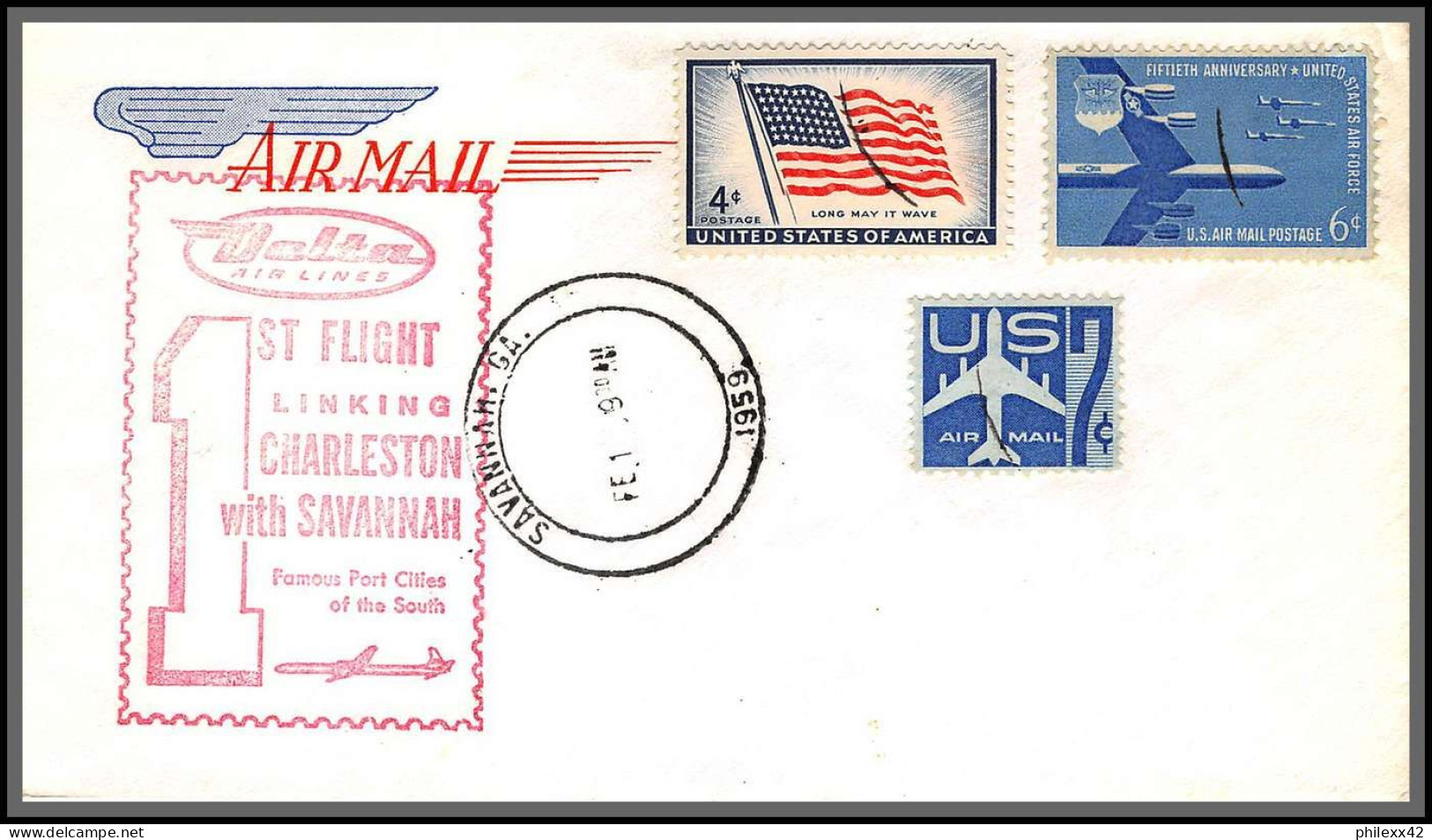 12333 Savannah Charleston 1/2/1959 Premier Vol First Flight Lettre Airmail Cover Usa Aviation - 2c. 1941-1960 Storia Postale