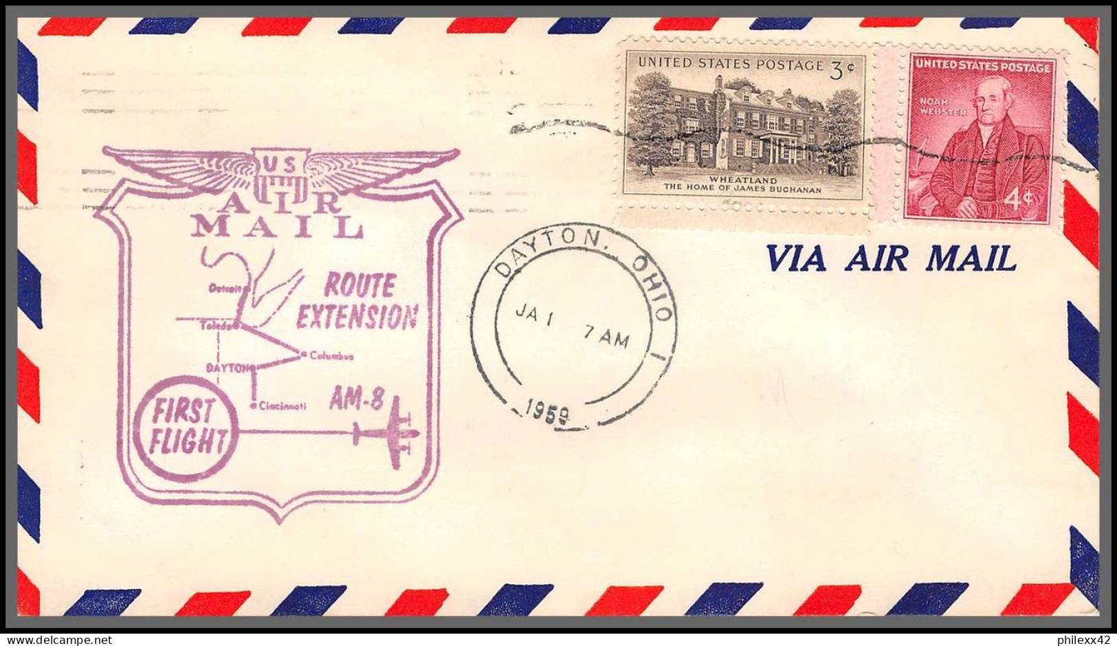 12327 Am 8 Dayton 7/1/1959 Delta Airlines Premier Vol First Flight Lettre Airmail Cover Usa Aviation - 2c. 1941-1960 Cartas & Documentos