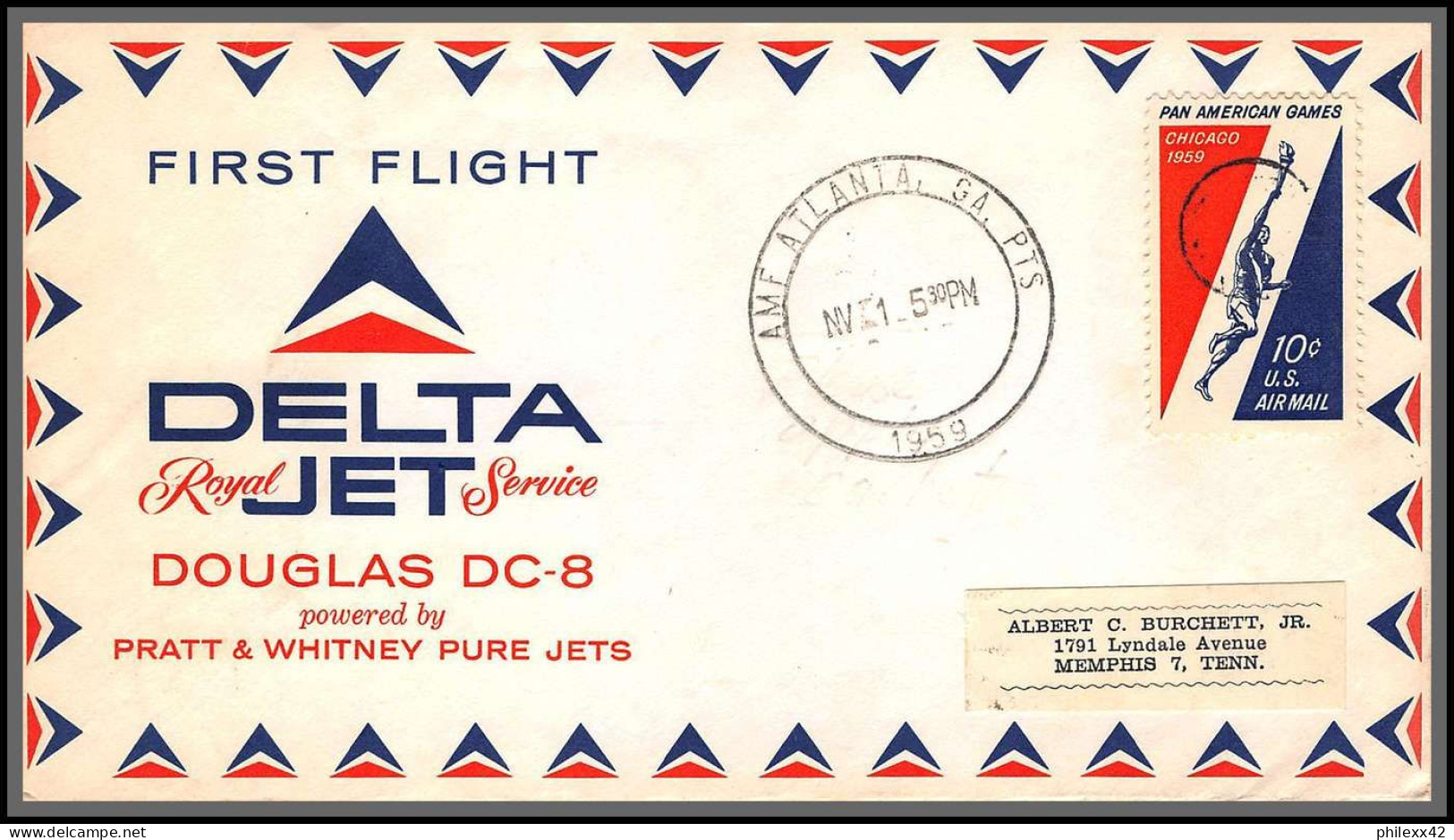 12344 Am 8 Royal Service 1/11/1959 Atlanta Premier Vol First Delta Jet Flight Lettre Airmail Cover Usa Aviation - 2c. 1941-1960 Lettres