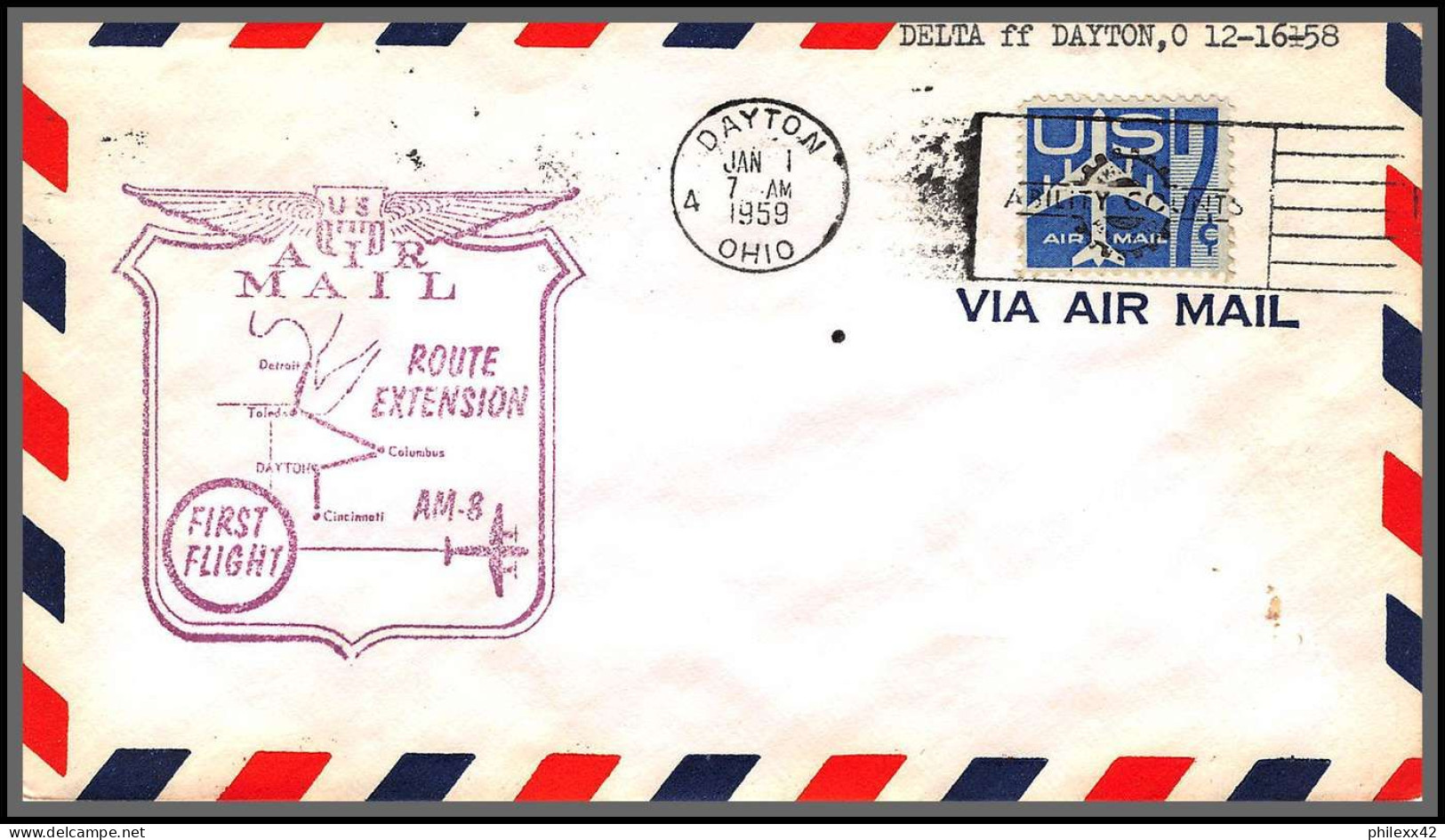 12326 Am 8 Dayton 7/1/1959 Delta Airlines Premier Vol First Flight Lettre Airmail Cover Usa Aviation - 2c. 1941-1960 Cartas & Documentos