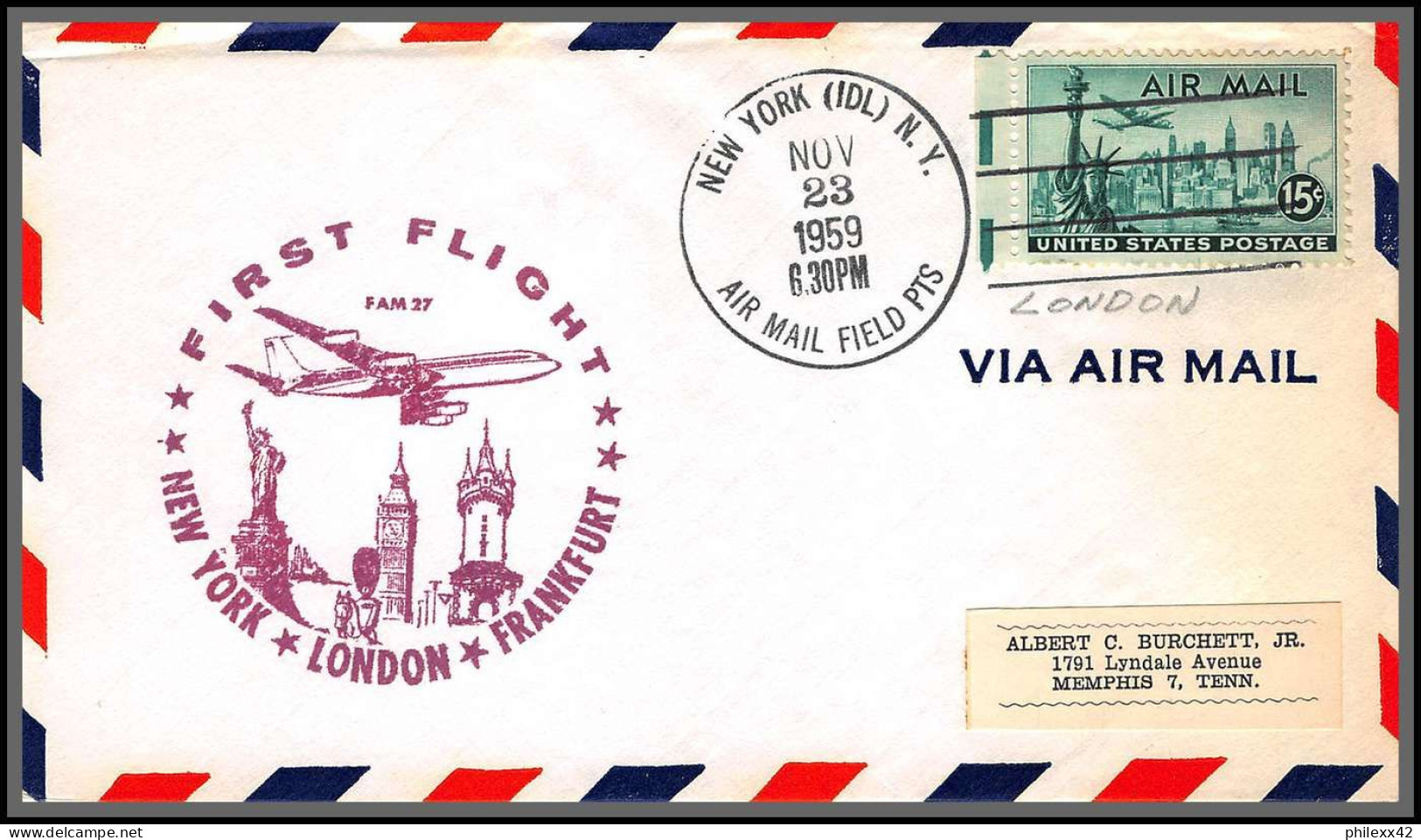 12318 Fam 27 New York London Frankfurt 23/11/1959 Premier Vol First Flight Lettre Airmail Cover Usa Aviation - 2c. 1941-1960 Cartas & Documentos
