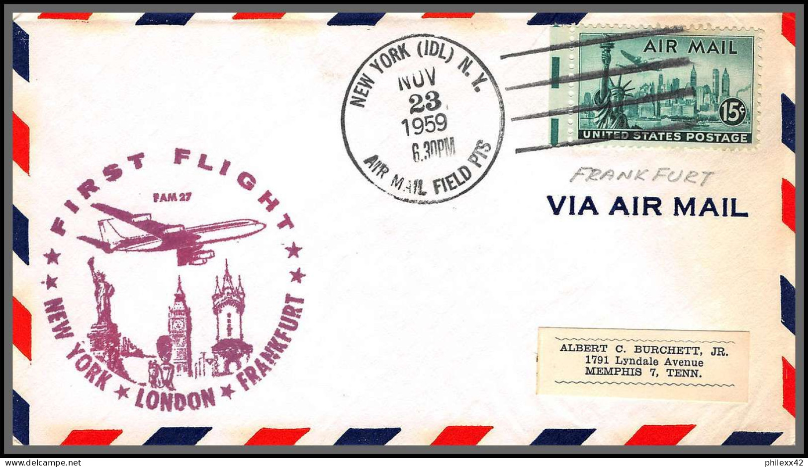 12319 Fam 27 New York London Frankfurt 23/11/1959 Premier Vol First Flight Lettre Airmail Cover Usa Aviation - 2c. 1941-1960 Lettres