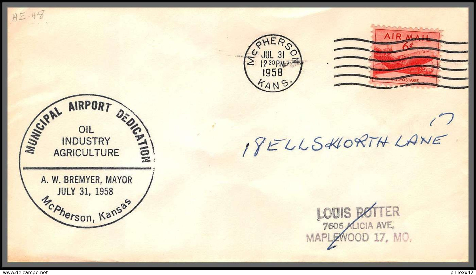 12301 Dedication Mc Pherson Municipal Airport 31/7/1958 Airport Premier Vol First Flight Lettre Airmail Cover Usa  - 2c. 1941-1960 Covers