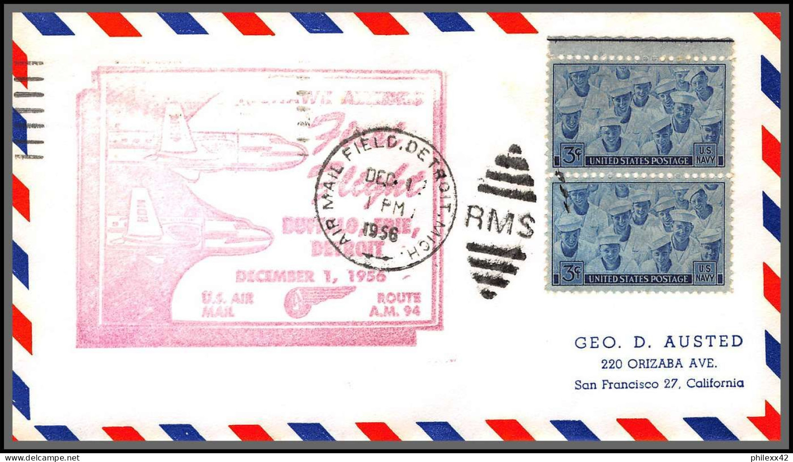 12291 Am 94 Detroit Buffalo 1/12/1957 Premier Vol First Flight Lettre Airmail Cover Usa Aviation - 2c. 1941-1960 Covers