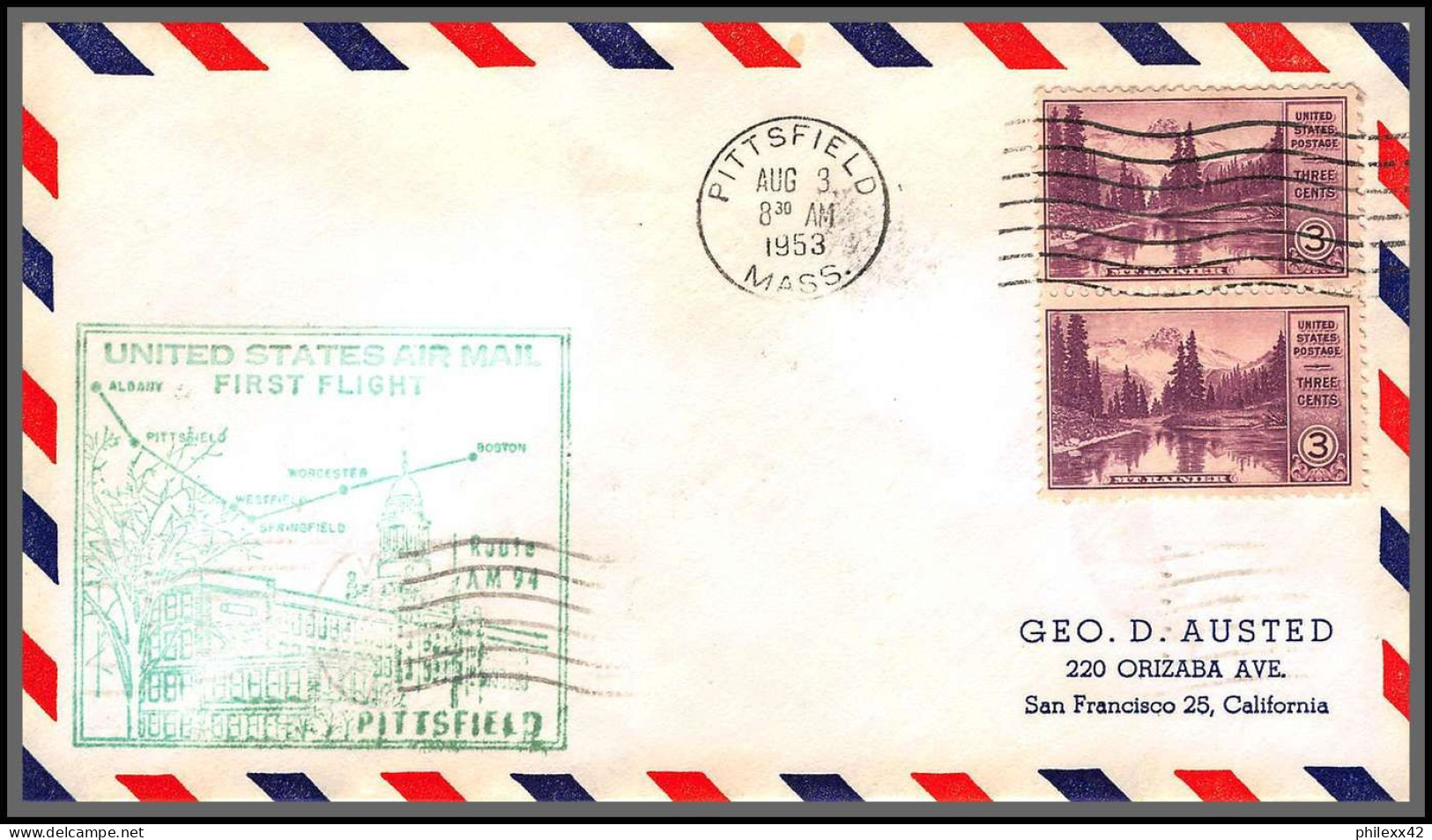 12278b Am 94 Pittsfield 3/8/1953 Premier Vol First Flight Lettre Airmail Cover Usa Aviation - 2c. 1941-1960 Brieven