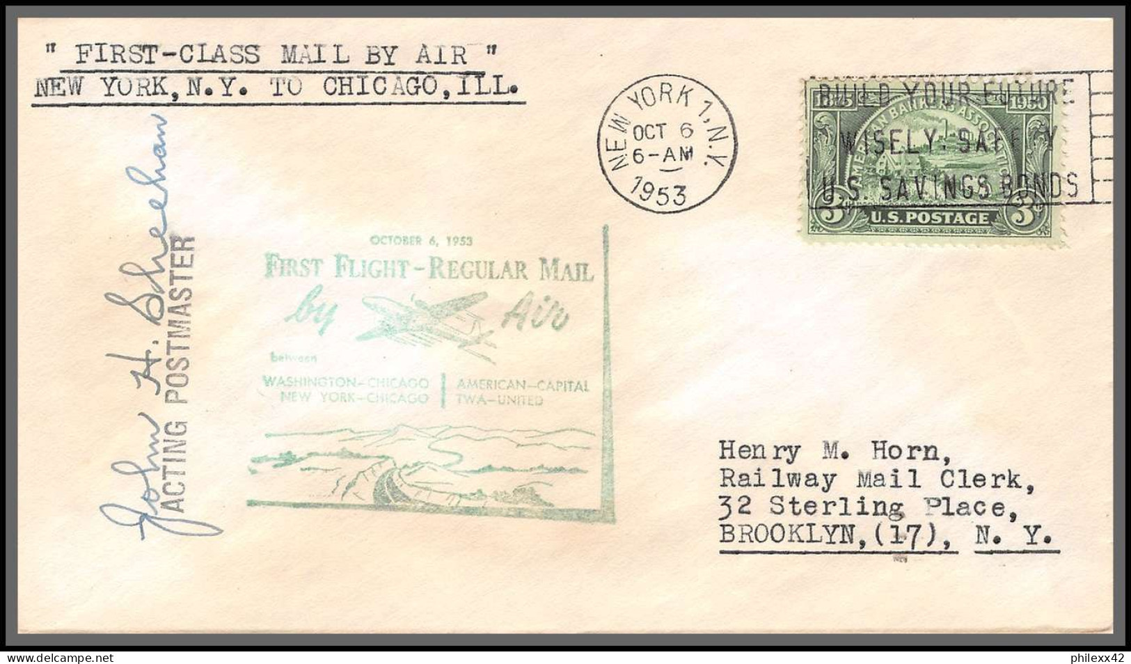 12266 Signed Signé Twa United Washington New York Chicago 6/10/1953 Premier Vol First Flight Regular Mail Lettre Airmail - 2c. 1941-1960 Brieven