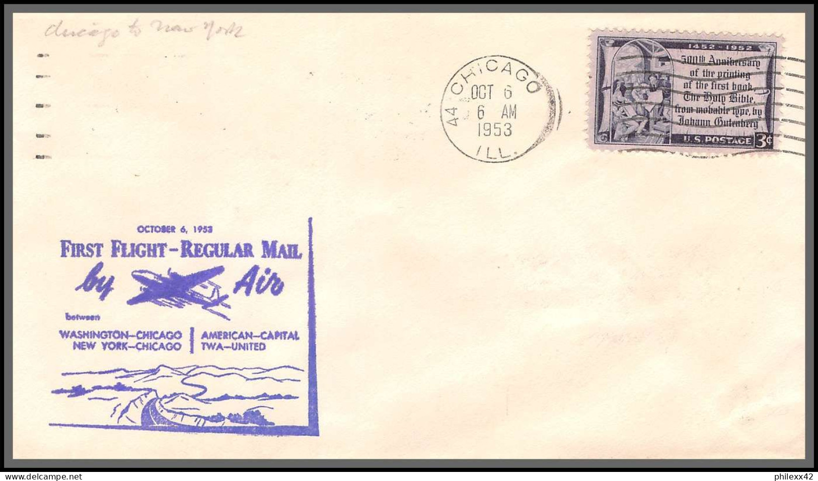 12264 Twa United Washington New York Chicago 6/10/1953 Premier Vol First Flight Regular Mail Lettre Airmail Cover Usa - 2c. 1941-1960 Lettres