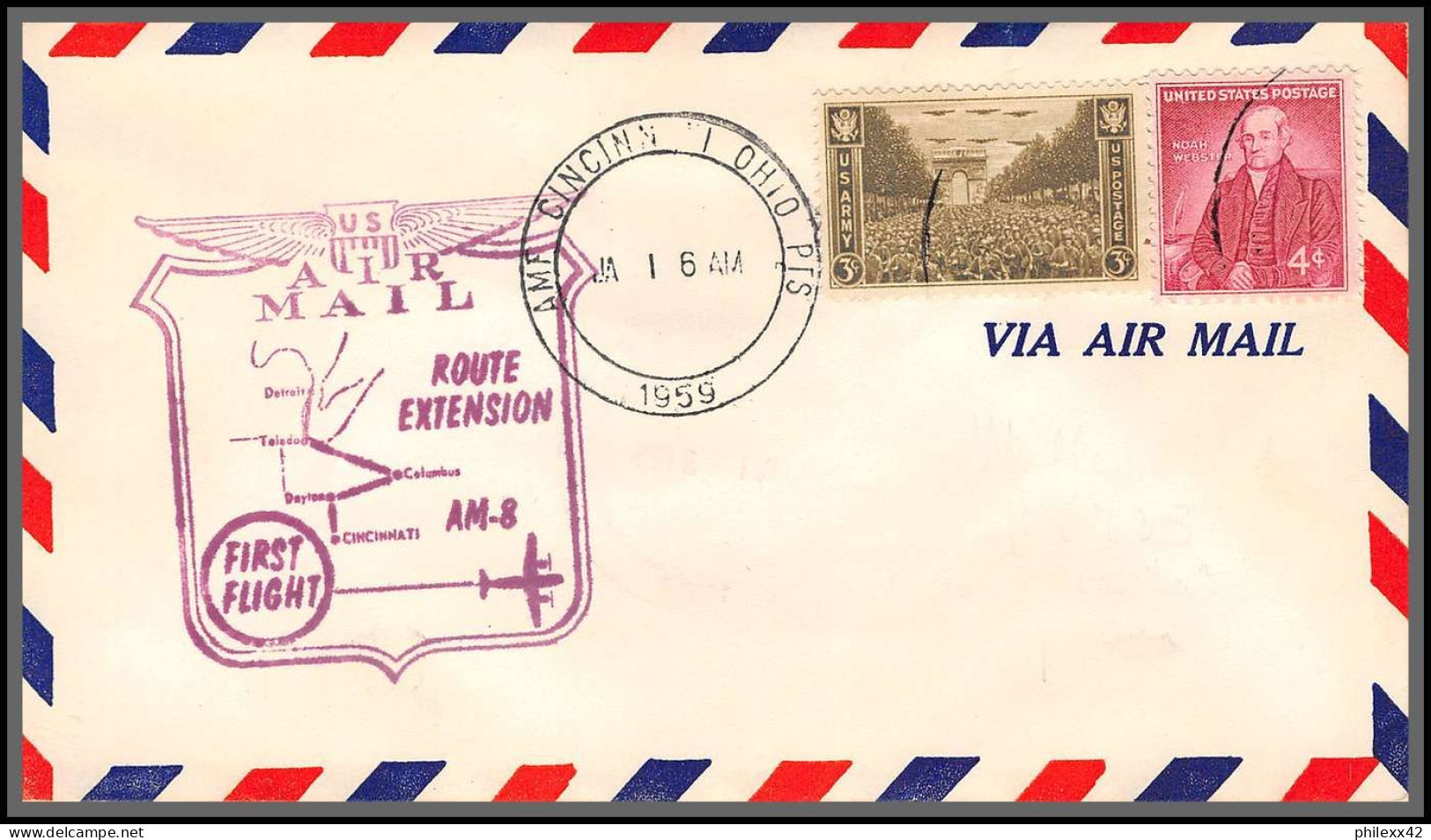 12329 Am 8 Cincinnati Lot De 3 Couleurs Janvier 1959 Premier Vol First Flight Lettre Airmail Cover Usa Aviation - 2c. 1941-1960 Covers