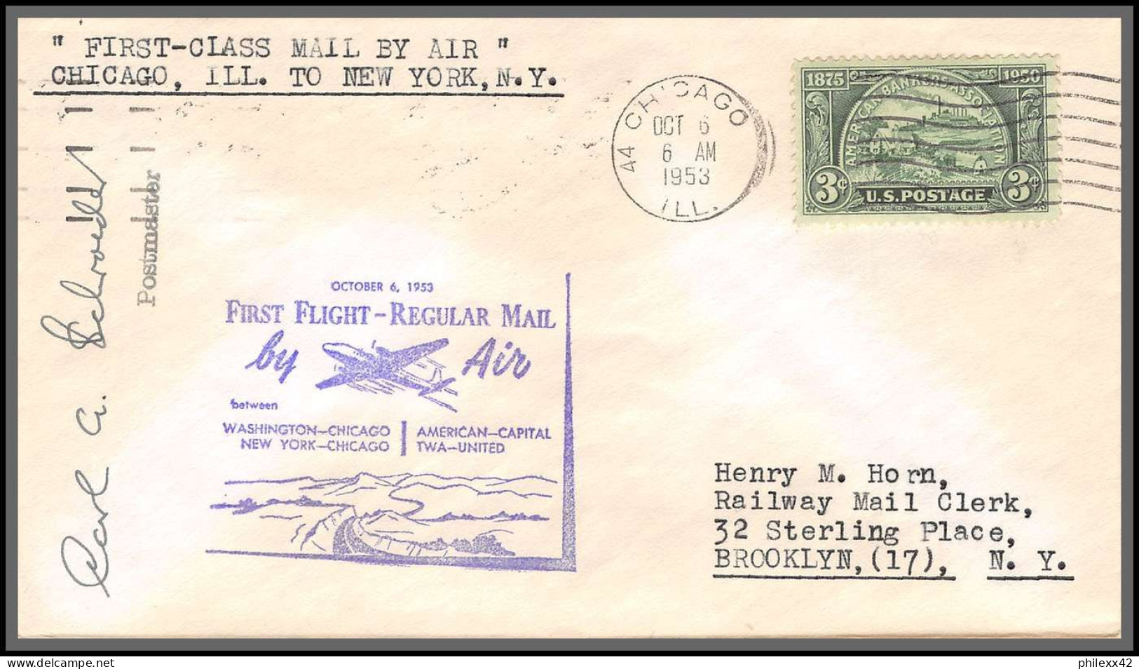 12265 Signed Signé Twa United Washington New York Chicago 6/10/1953 Premier Vol First Flight Regular Mail Lettre Airmail - 2c. 1941-1960 Brieven