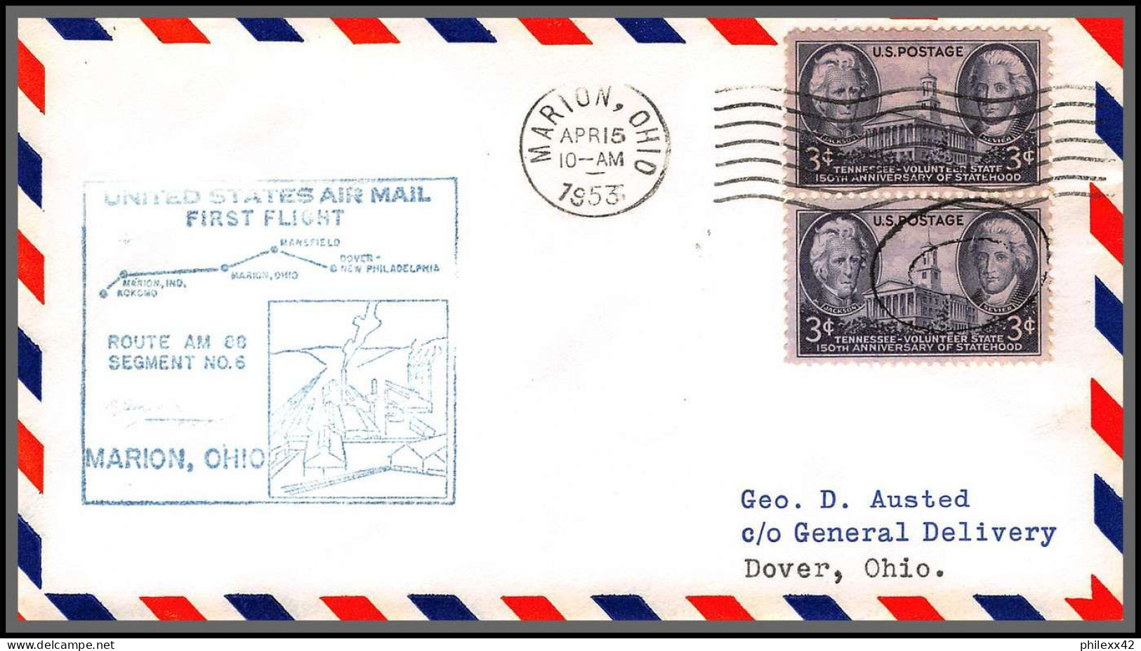 12240 Am 88 Marion 15/4/1953 Premier Vol First Flight Lettre Airmail Cover Usa Aviation - 2c. 1941-1960 Storia Postale