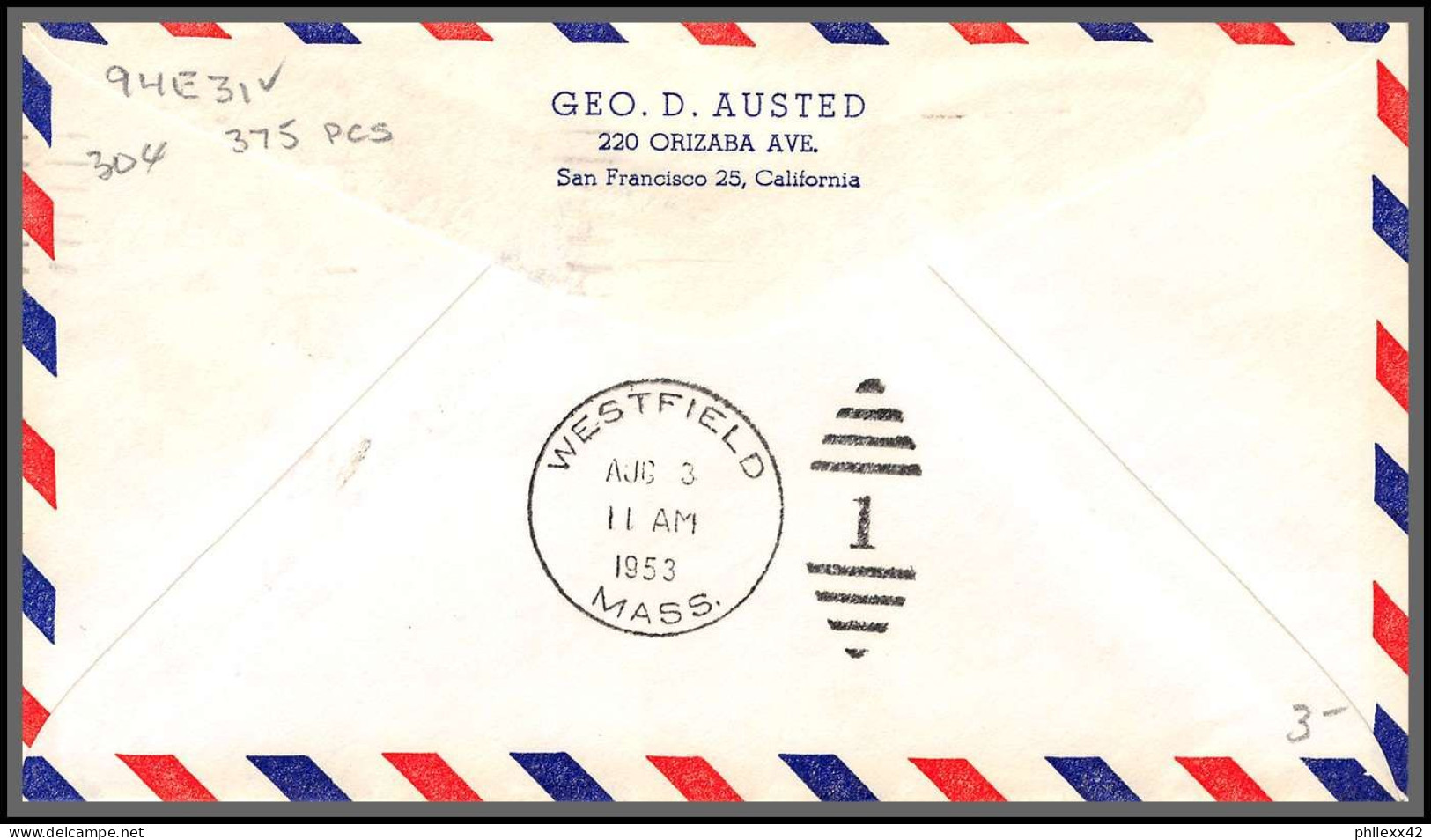 12238 Am 94 Pittsfield 3/8/1953 Premier Vol First Flight Lettre Airmail Cover Usa Aviation - 2c. 1941-1960 Storia Postale