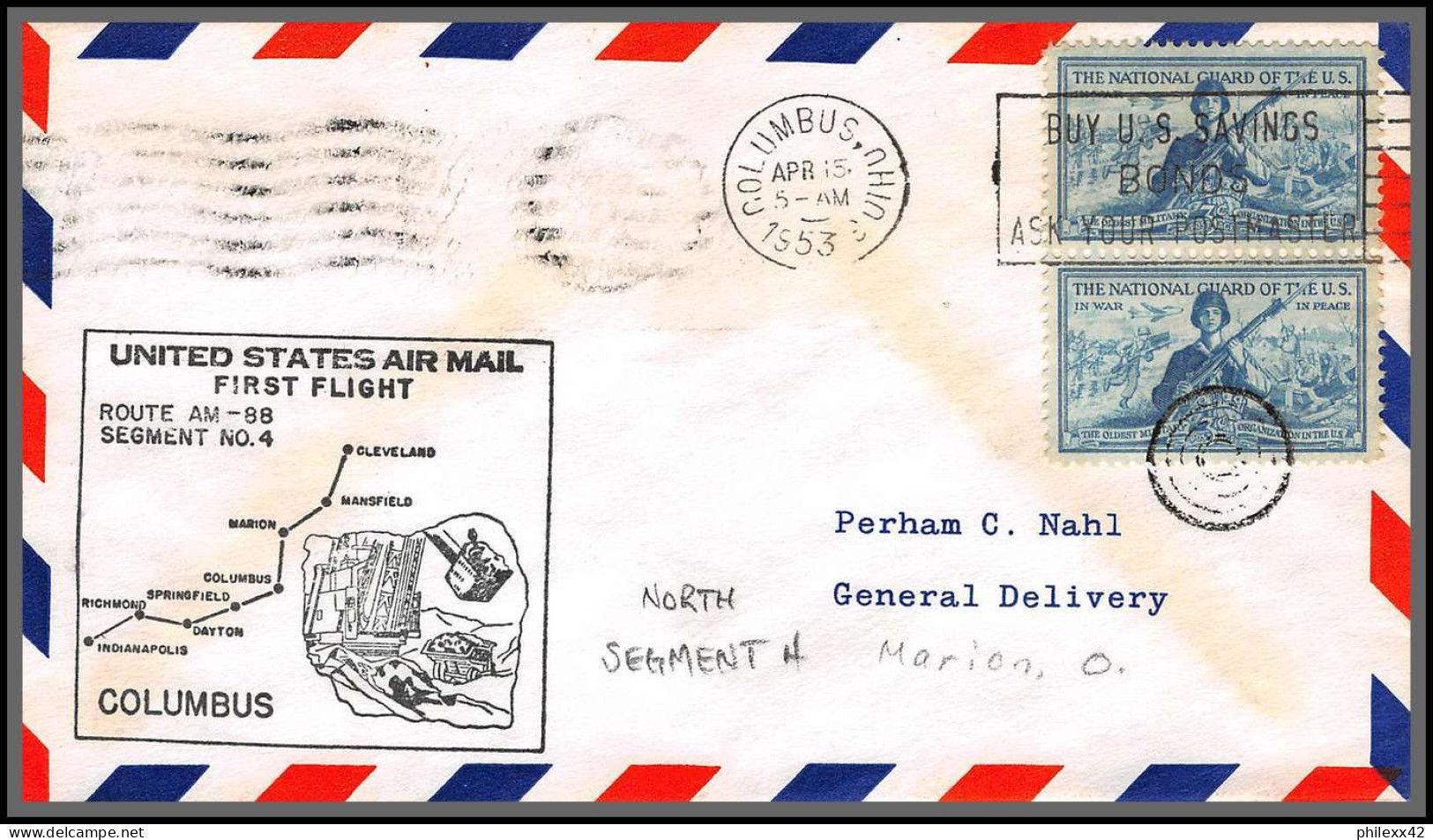 12245 Am 88 Columbus 1/4/1953 Premier Vol First Flight Lettre Airmail Cover Usa Aviation - 2c. 1941-1960 Storia Postale