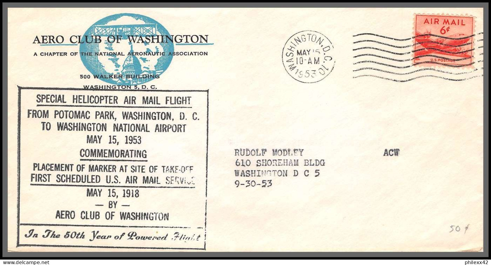 12236 Aeroclub Washington 15/5/1953 Premier Vol Special Helicopter Flight Lettre Airmail Cover Usa Aviation - 2c. 1941-1960 Brieven