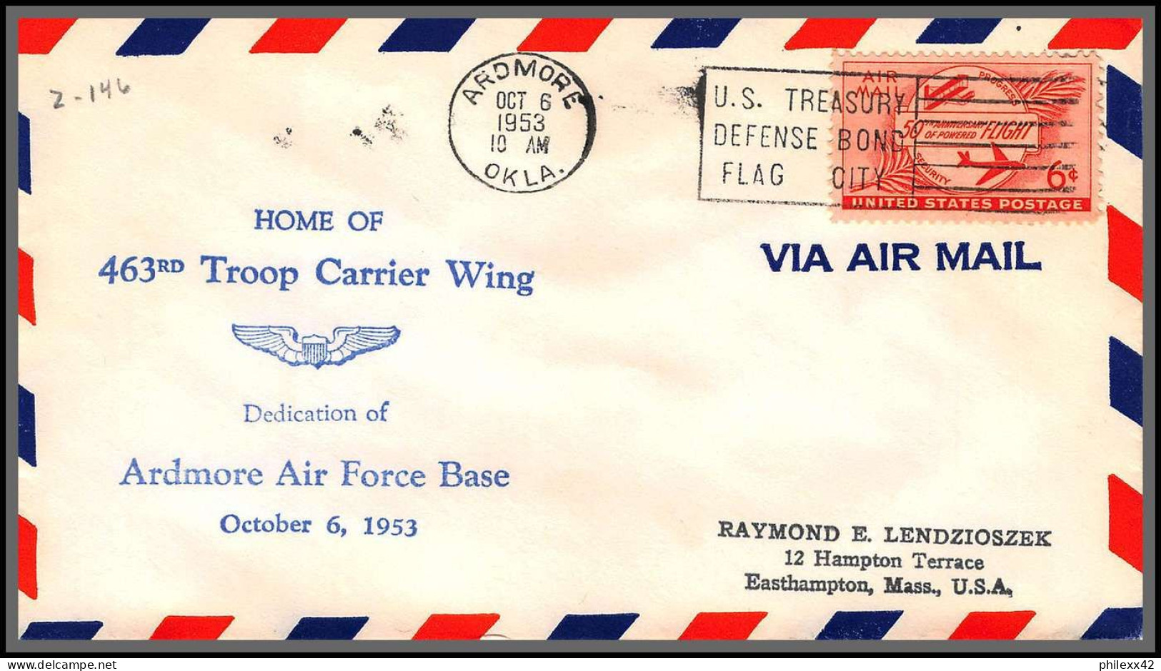 12234 463 Rd Troop Carrier Wing Ardmore 6/10/1953 Premier Vol First Flight Lettre Airmail Cover Usa Aviation - 2c. 1941-1960 Briefe U. Dokumente