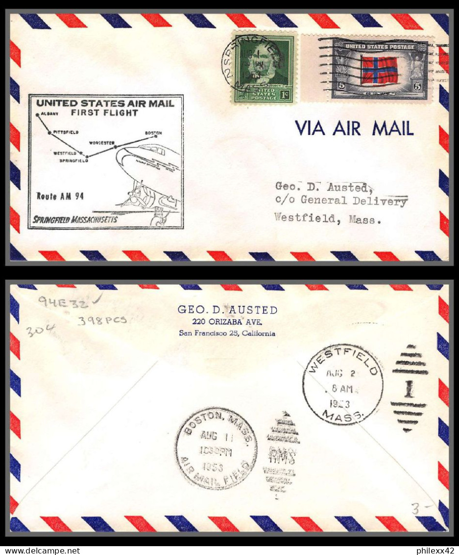 12241 Am 94 Springfield 1/8/1953 Premier Vol First Flight Lettre Airmail Cover Usa Aviation - 2c. 1941-1960 Lettres