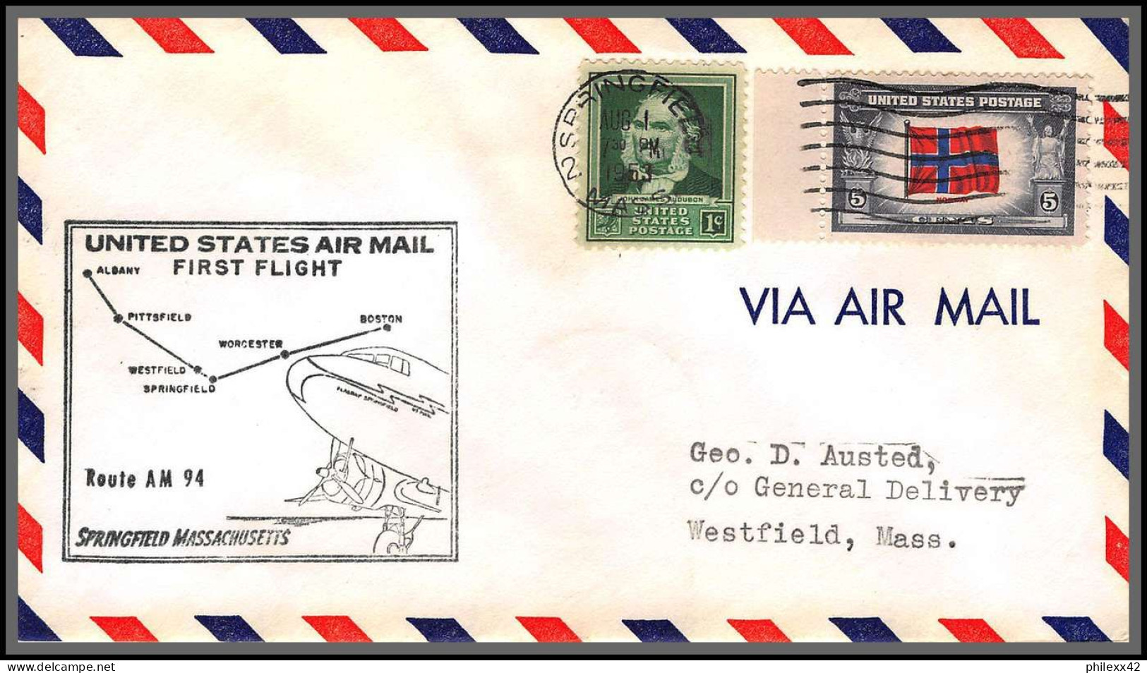 12241 Am 94 Springfield 1/8/1953 Premier Vol First Flight Lettre Airmail Cover Usa Aviation - 2c. 1941-1960 Lettres