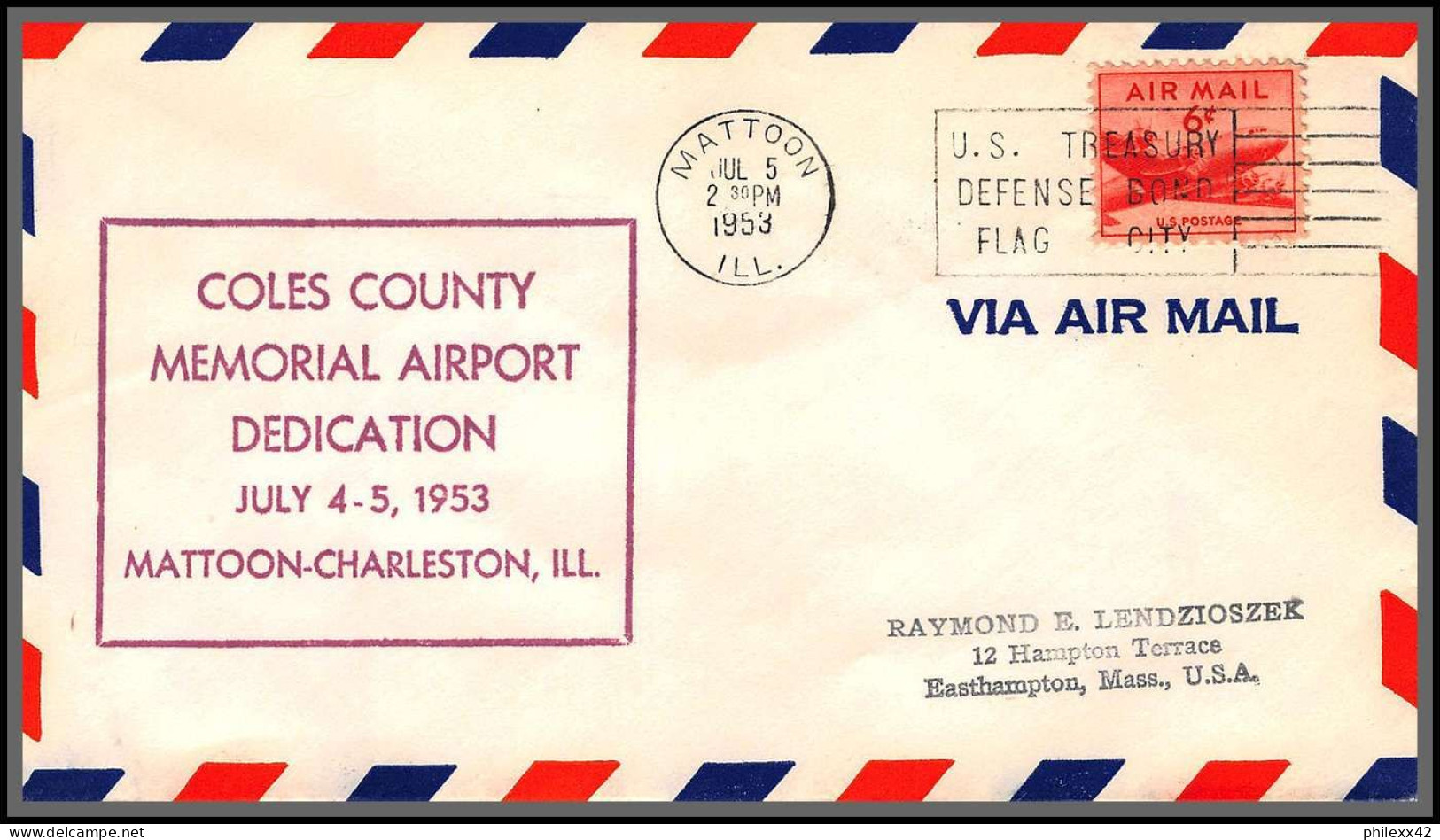 12223 Coles County Memorial Airport Dedication Mattoon 4/7/1953 Premier Vol First Flight Lettre Airmail Cover Usa  - 2c. 1941-1960 Lettres