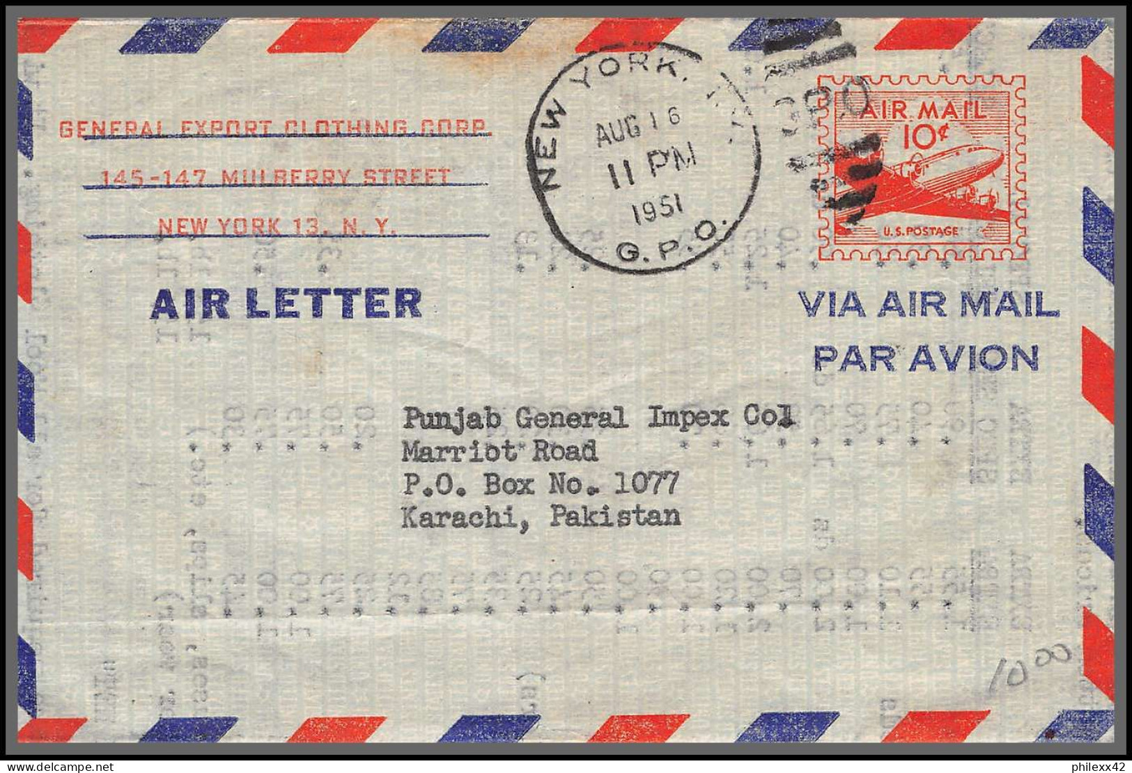 12220 New York Karachi Pakistan 16/8/1951 Premier Vol First Flight Airmail Stationery Entier Usa Aviation - 2c. 1941-1960 Cartas & Documentos
