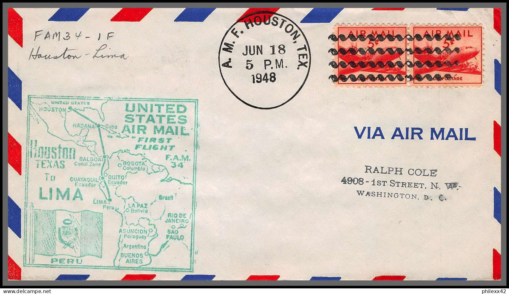 12188 Enveloppe Verte Fam 34 Houston To Lima Perou Peru 18/6/1948 Premier Vol First Flight Lettre Airmail Cover Usa Avia - 2c. 1941-1960 Briefe U. Dokumente