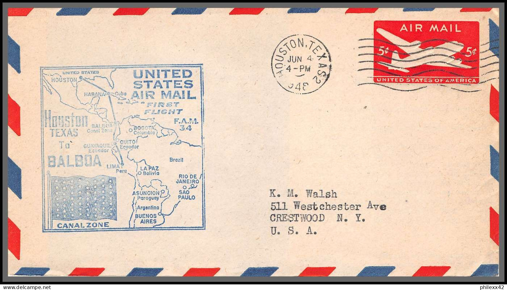 12192 Enveloppe Bleu Fam 34 Houston To Balboa Canal Zone 4/6/1948 Premier Vol First Flight Lettre Airmail Cover Usa  - 2c. 1941-1960 Cartas & Documentos