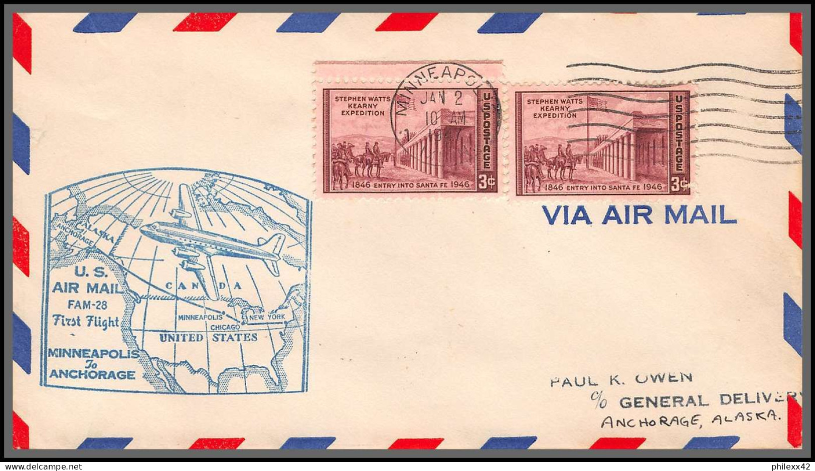 12185 Fam 28 Minneapolis To Anchorage Alaska 2/1/1947 Premier Vol First Flight Lettre Airmail Cover Usa Aviation - 2c. 1941-1960 Lettres