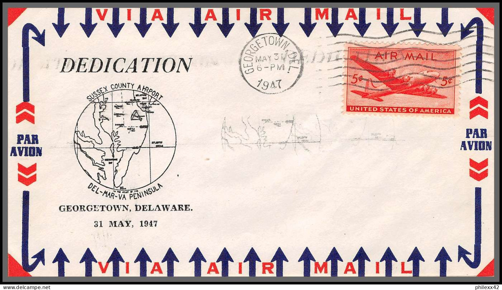 12184 Dedication Sussex County Airport Georgetown 31/5/1946 Premier Vol First Flight Lettre Airmail Cover Usa Aviation - 2c. 1941-1960 Storia Postale