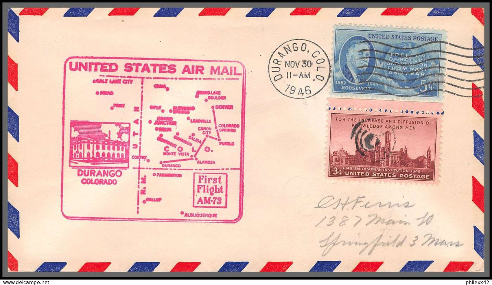 12173 Am 73 Durango 30/11/1946 Premier Vol First Flight Lettre Airmail Cover Usa Aviation - 2c. 1941-1960 Lettres