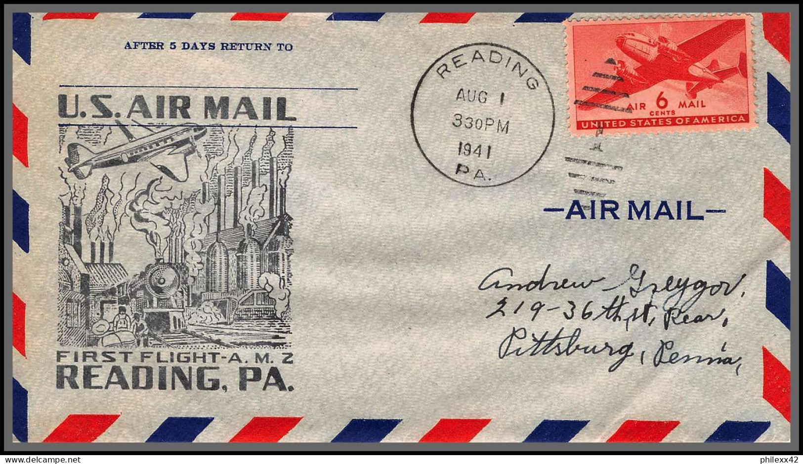 12168 Am 2 Reading 1/8/1941 Premier Vol First Flight Lettre Airmail Cover Usa Aviation - 2c. 1941-1960 Covers