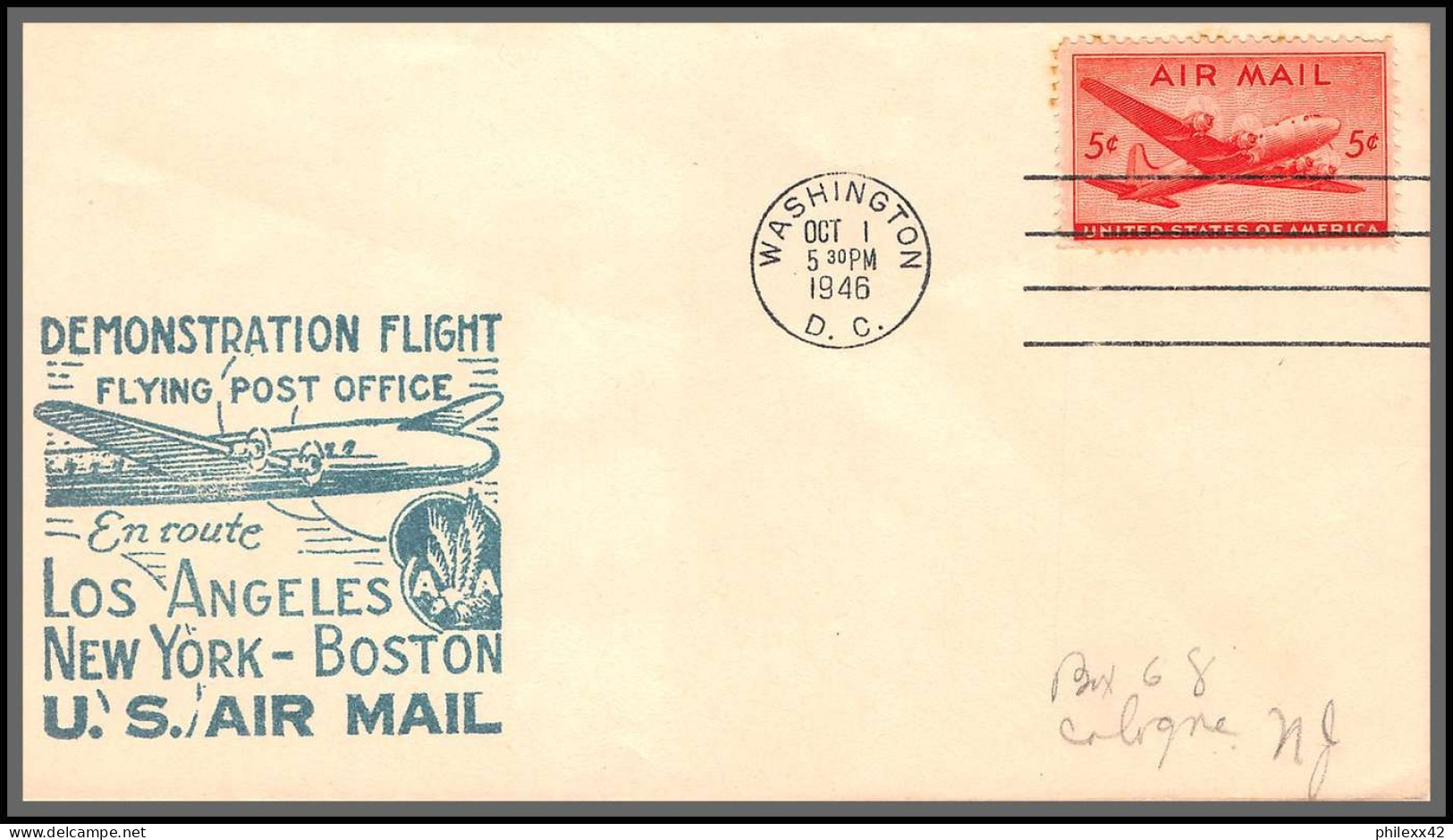 12172 En Route Los Angeles New York Boston Mail Washington 1/10/1946 Premier Vol First Demonstration Flight Lettre  - 2c. 1941-1960 Brieven
