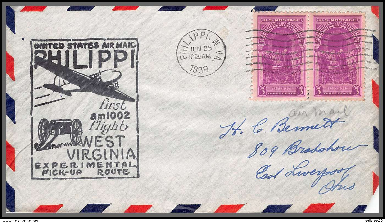 12163 Am 1002 Experimental Pick Up Route Philippi 25/6/1939 Premier Vol First Flight Lettre Airmail Cover Usa Aviation - 1c. 1918-1940 Lettres