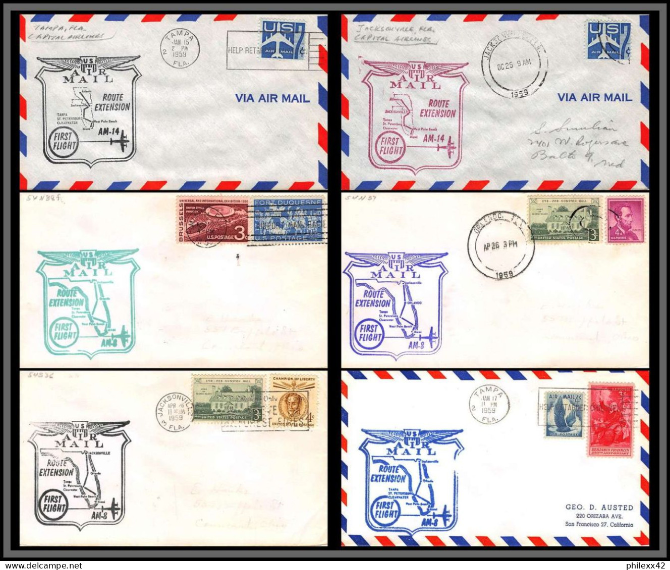 12330 Am 14 Extension Lot De 6 Tampa Jacksonville Miami Orlando Janvier 1959 Premier Vol First Flight Lettre Airmail - 2c. 1941-1960 Brieven