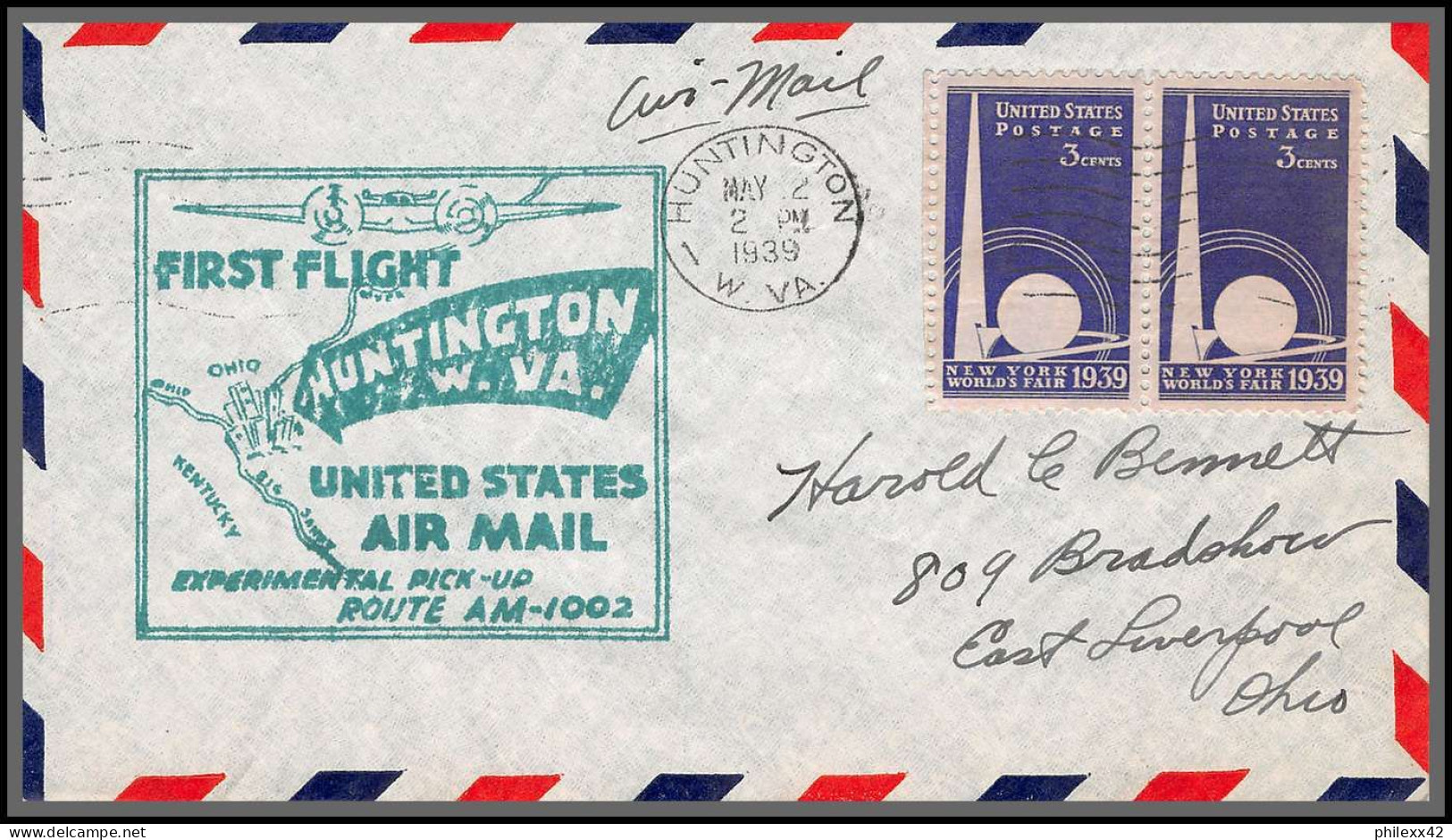 12161 Am 1002 Experimental Pick Up Route Huntington 2/5/1939 Premier Vol First Flight Lettre Airmail Cover Usa Aviation - 1c. 1918-1940 Cartas & Documentos