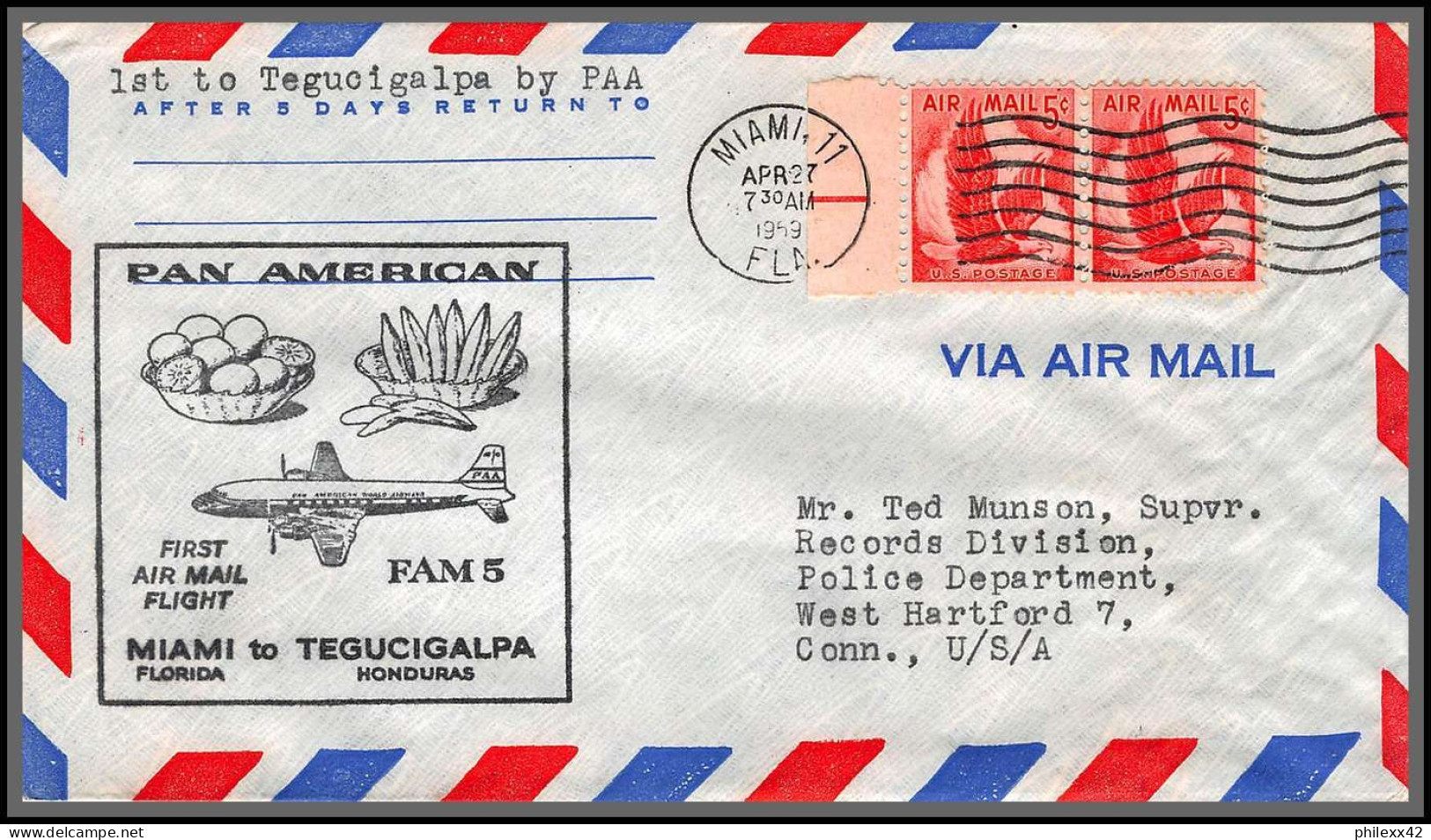 12156 Pan American Fam 5 27/4/1959 Premier Vol First Flight Miami To Tegucigalpa Honduras Lettre Airmail Cover Usa  - 2c. 1941-1960 Lettres