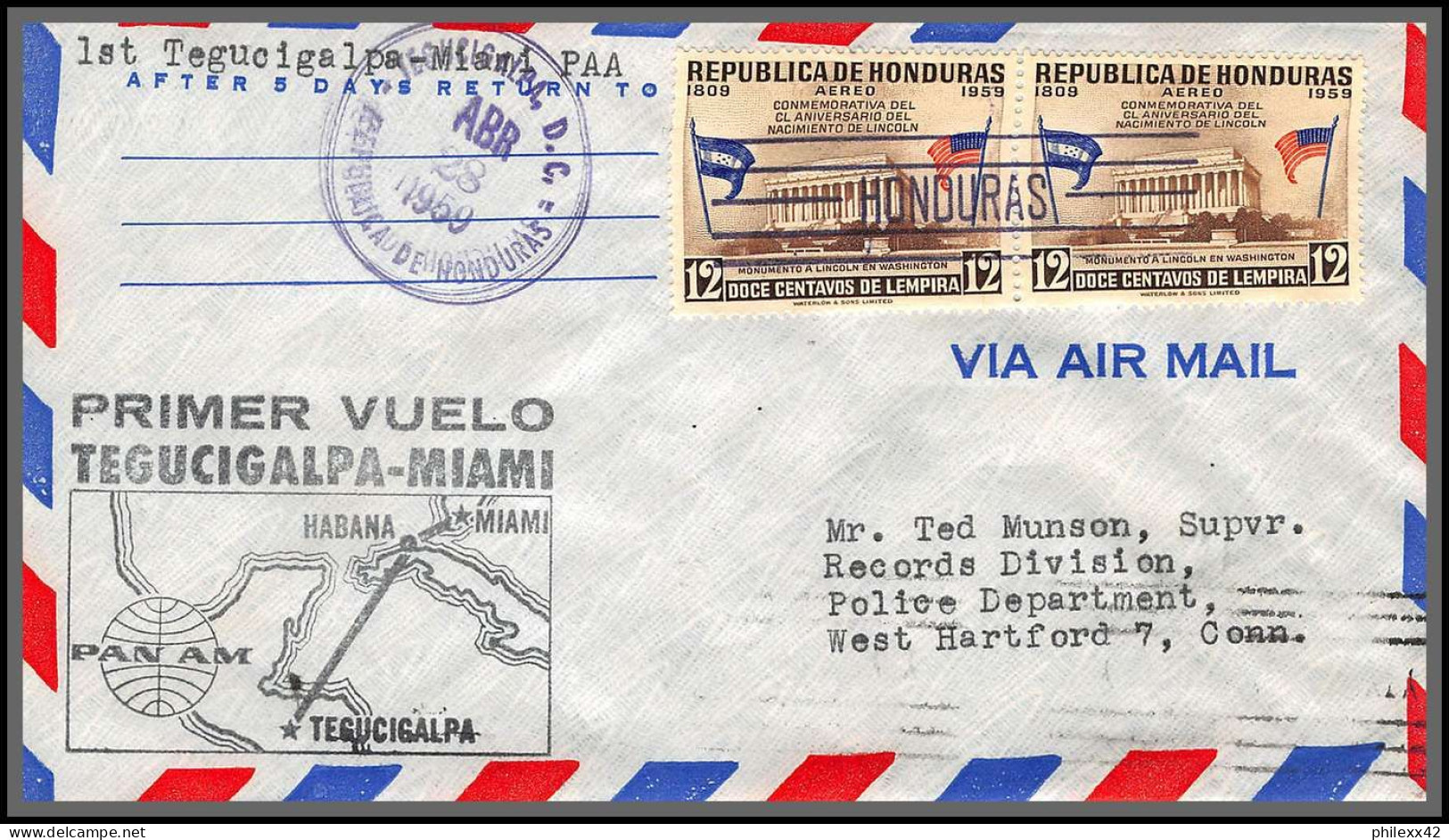 12157 Pan American Fam 5 27/4/1959 Premier Vol First Flight Tegucigalpa To Miami Honduras Lettre Airmail Cover Usa  - 2c. 1941-1960 Cartas & Documentos