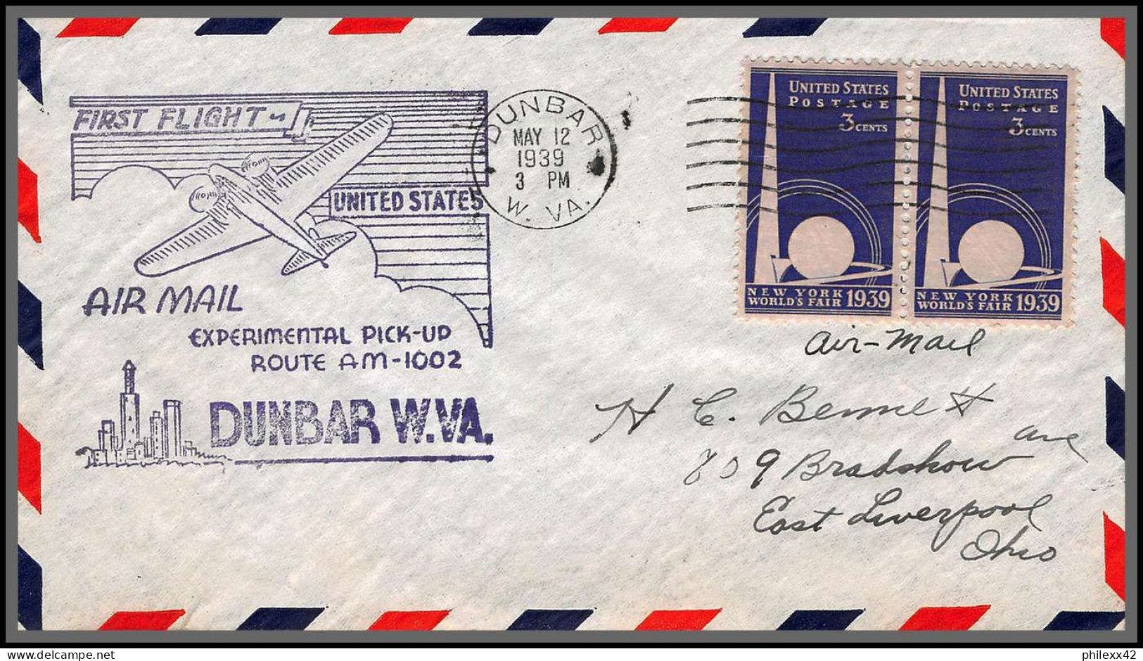 12160 Am 1002 Experimental Pick Up Route Dunbar 12/5/1939 Premier Vol First Flight Lettre Airmail Cover Usa Aviation - 1c. 1918-1940 Lettres