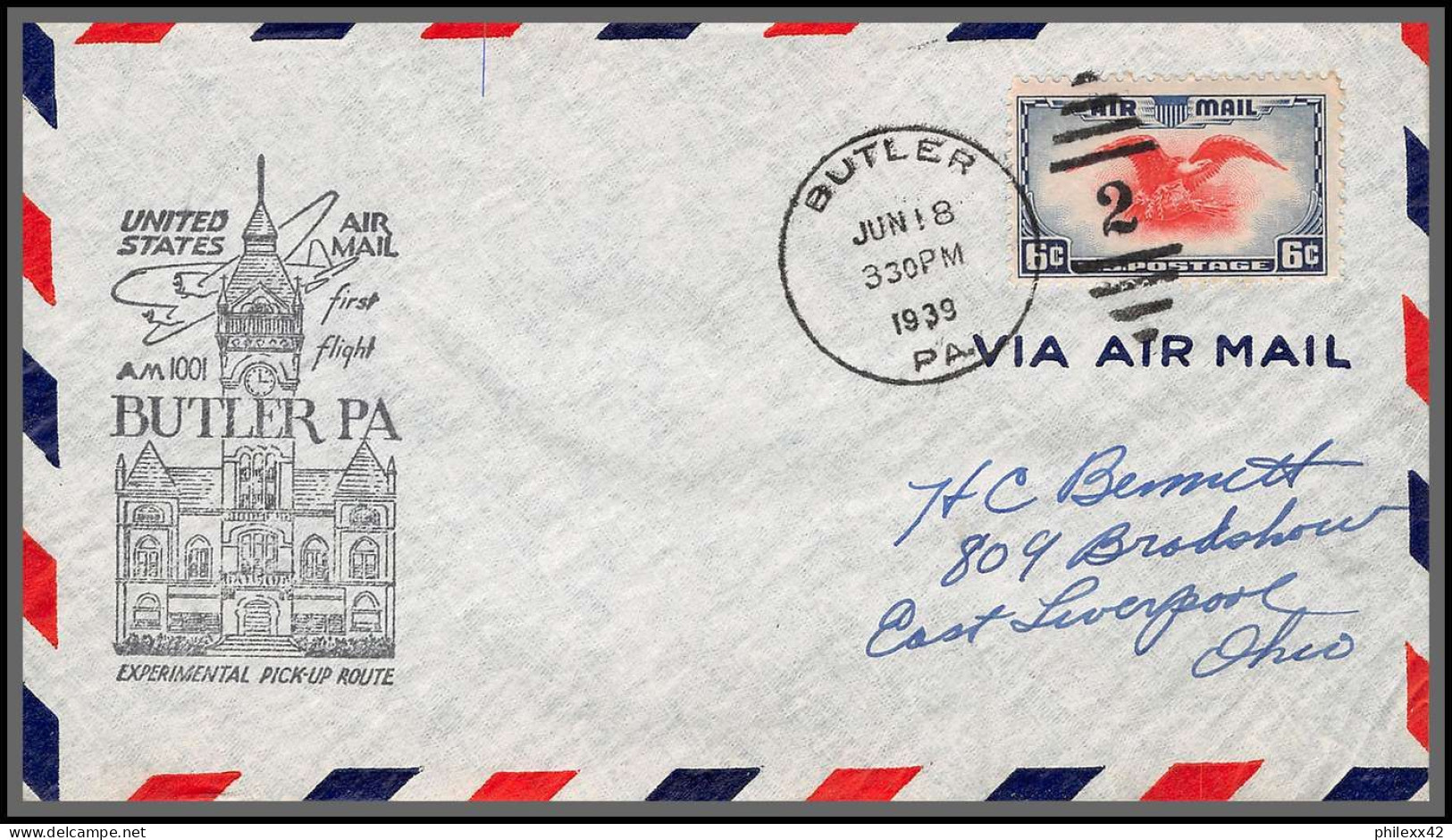 12158 Am 1001 Experimental Pick Up Route Butler 18/6/1939 Premier Vol First Flight Lettre Airmail Cover Usa Aviation - 1c. 1918-1940 Storia Postale