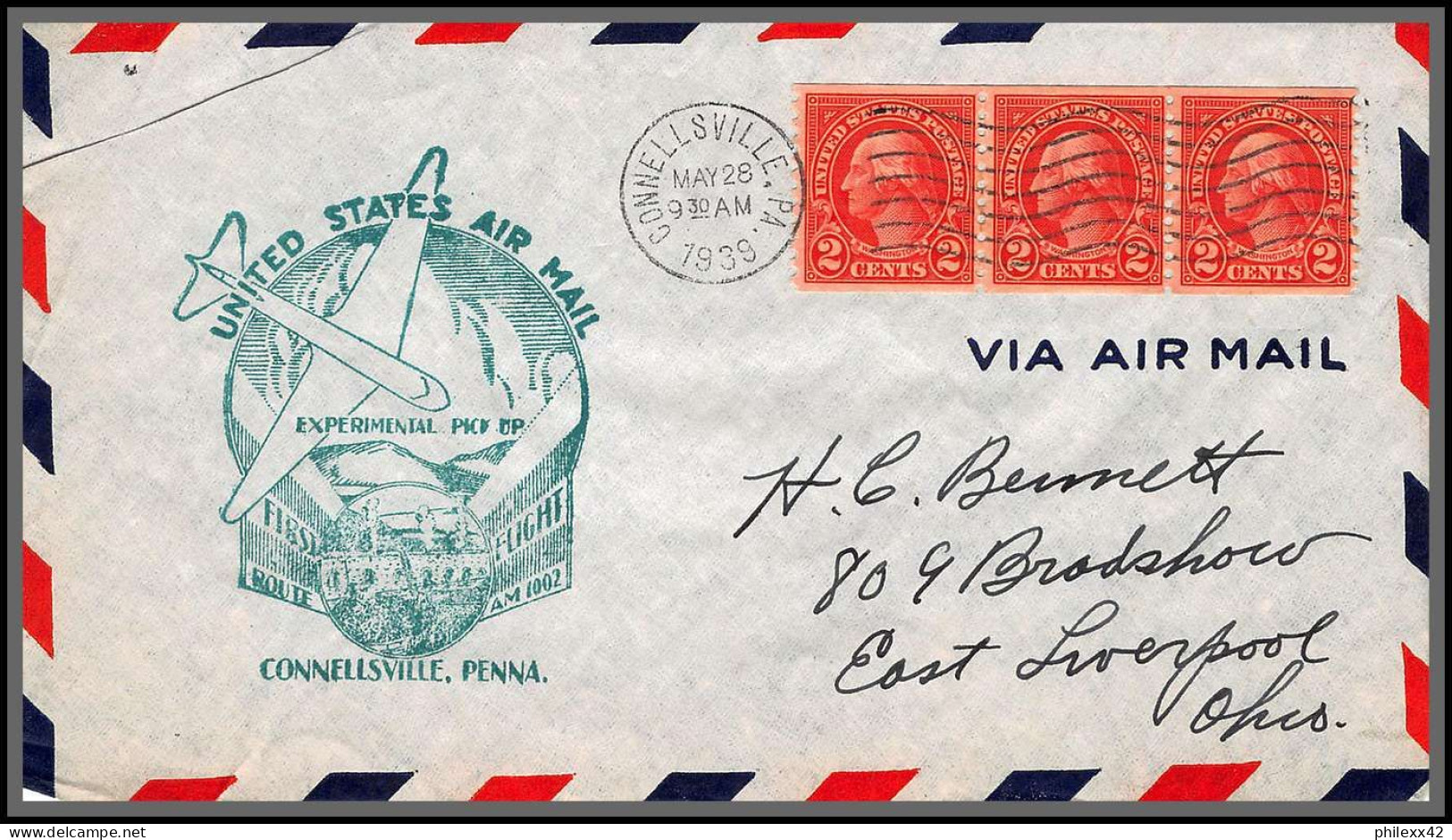 12151 Am 1002 Experimental Pick Up Route Connellsville 28/5/1939 Premier Vol First Flight Lettre Airmail Cover Usa  - 2c. 1941-1960 Covers