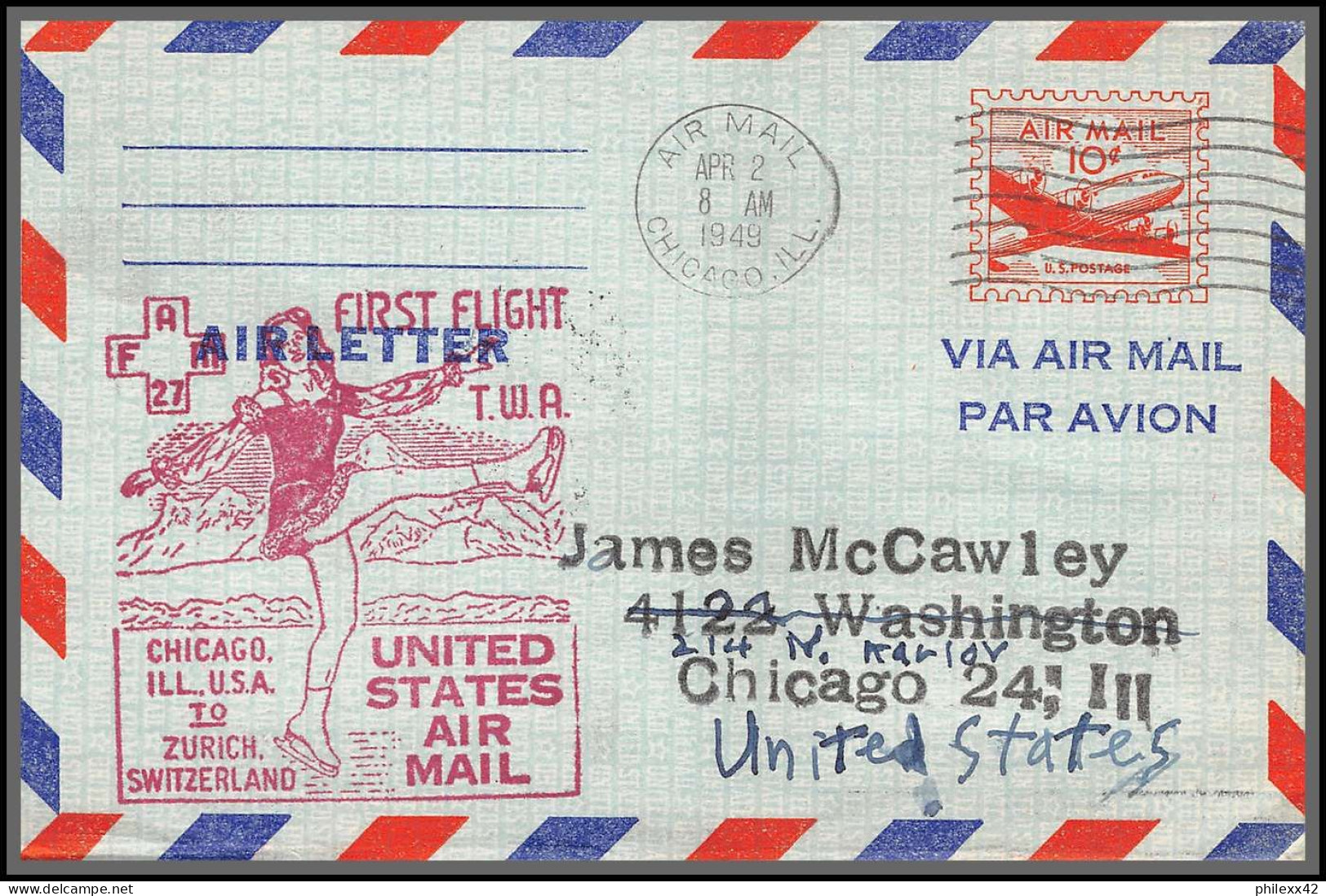 12206 Lot 3 Couleurs Fam 27 Detroit To Zutich Suisse Helvetia 2/4/1949 Premier Vol First Flight Airmail Stationery - 2c. 1941-1960 Cartas & Documentos