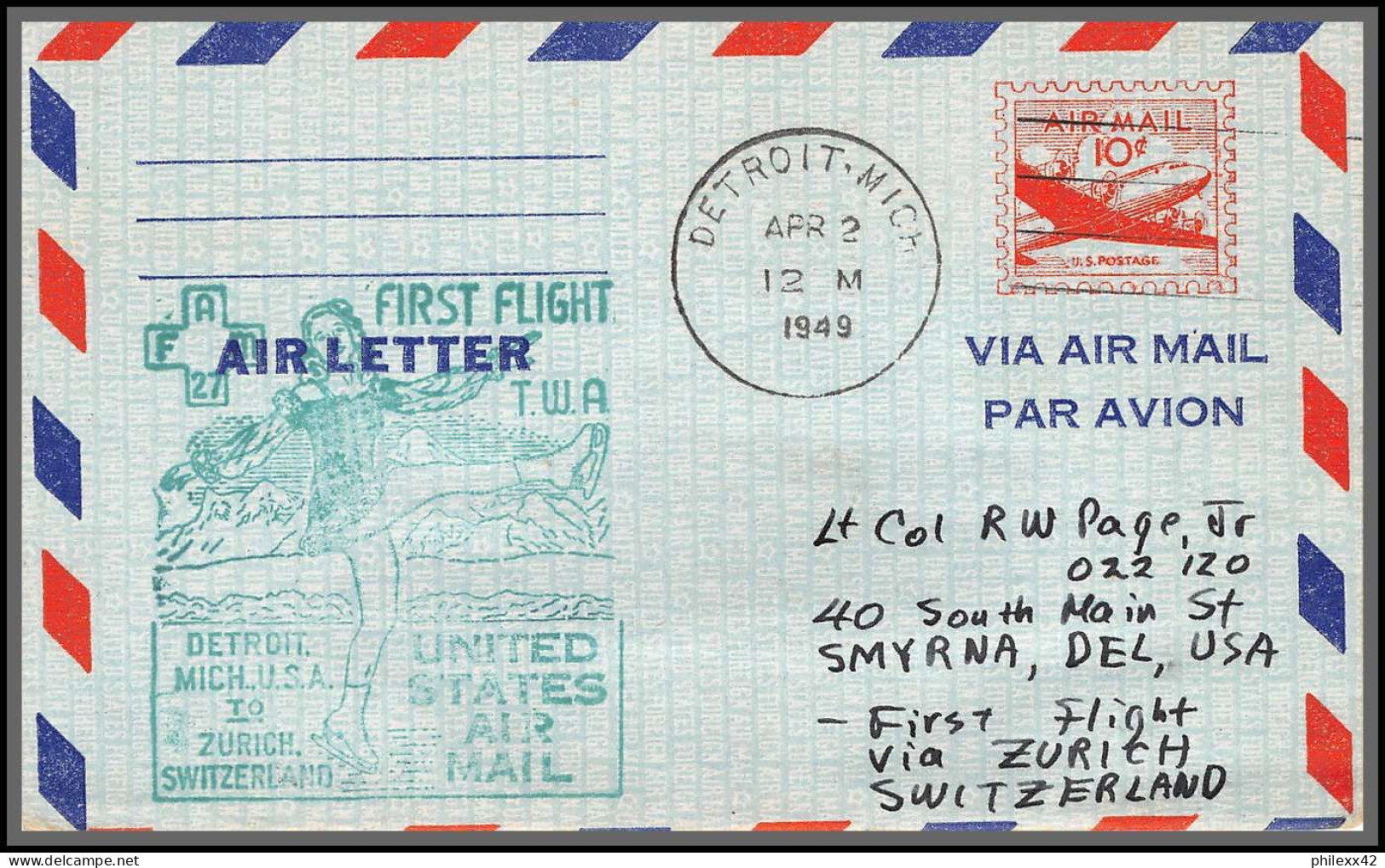 12206 Lot 3 Couleurs Fam 27 Detroit To Zutich Suisse Helvetia 2/4/1949 Premier Vol First Flight Airmail Stationery - 2c. 1941-1960 Storia Postale