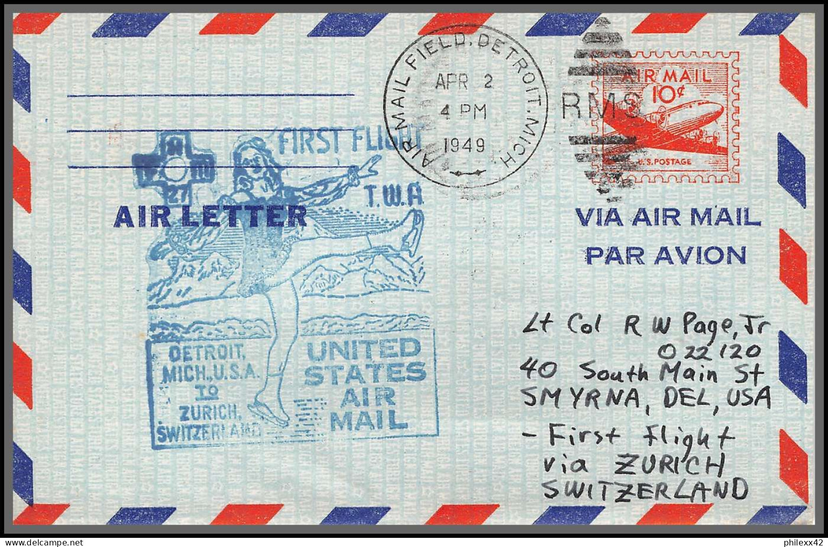 12206 lot 3 couleurs fam 27 detroit to zutich suisse helvetia 2/4/1949 premier vol first flight airmail stationery