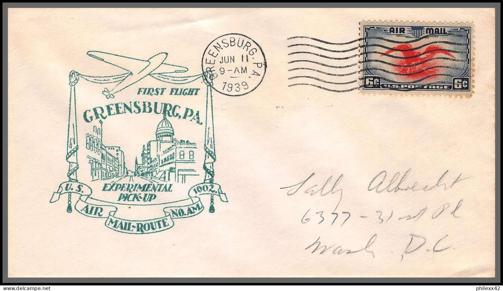 12154 Am 1002 Experimental Pick Up Route Greensburg 11/6/1939 Premier Vol First Flight Lettre Airmail Cover Usa Aviation - 1c. 1918-1940 Briefe U. Dokumente