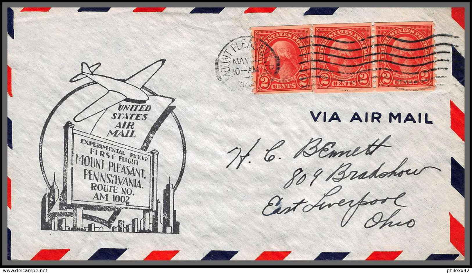 12147 Am 1002 Experimental Pick Up Route Mount Pleasant 28/5/1939 ? Premier Vol First Flight Lettre Airmail Cover Usa  - 2c. 1941-1960 Storia Postale